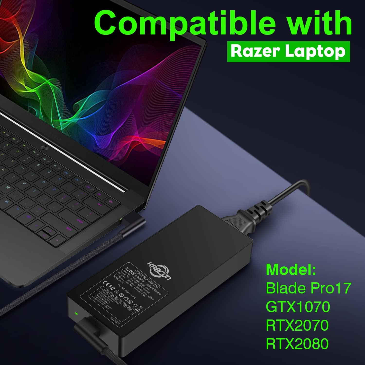 Charger Compatible with Razer Blade Pro 17 and Razer Blade 15 Model GTX1060/GTX1070/RTX2070/RTX2080, 230W 19.5V 11.8A Laptop AC Adapter Power Supply