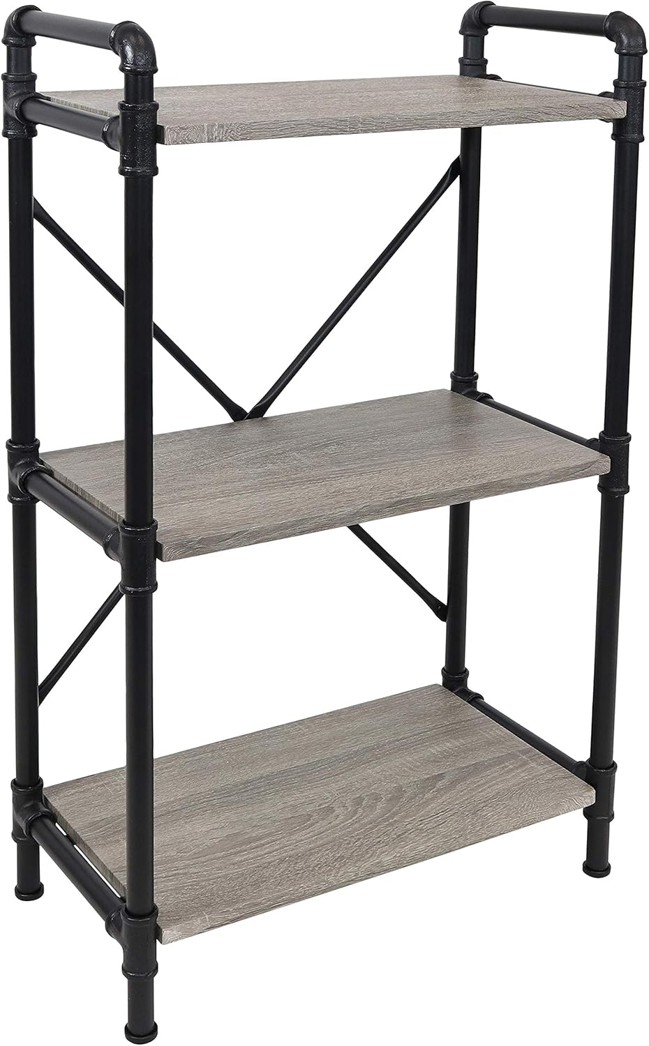 Sunnydaze 3-Tier Freestanding Industrial Bookshelf for Living Room - Black Pipe Style Frame with Wood Veneer Shelves - Oak Gray