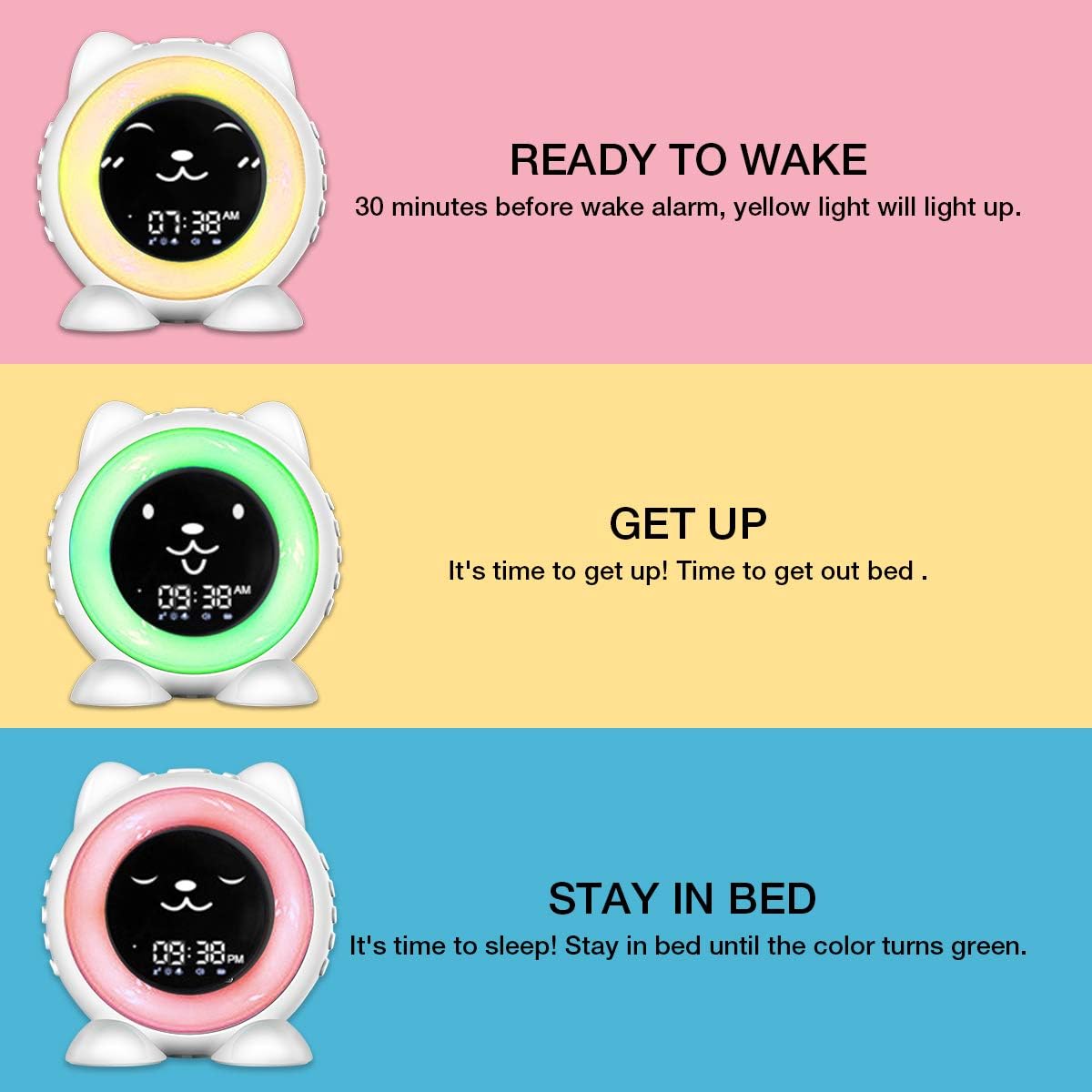 Cat Alarm Clock for Kids, Toddler Children's Sleep Training Clock, 8 Night Light & Wake Up Light, 17 Sleep Sound Machine, Weekdays & Weekend Optional, Nap Timer for Boys Girls Bedroom
