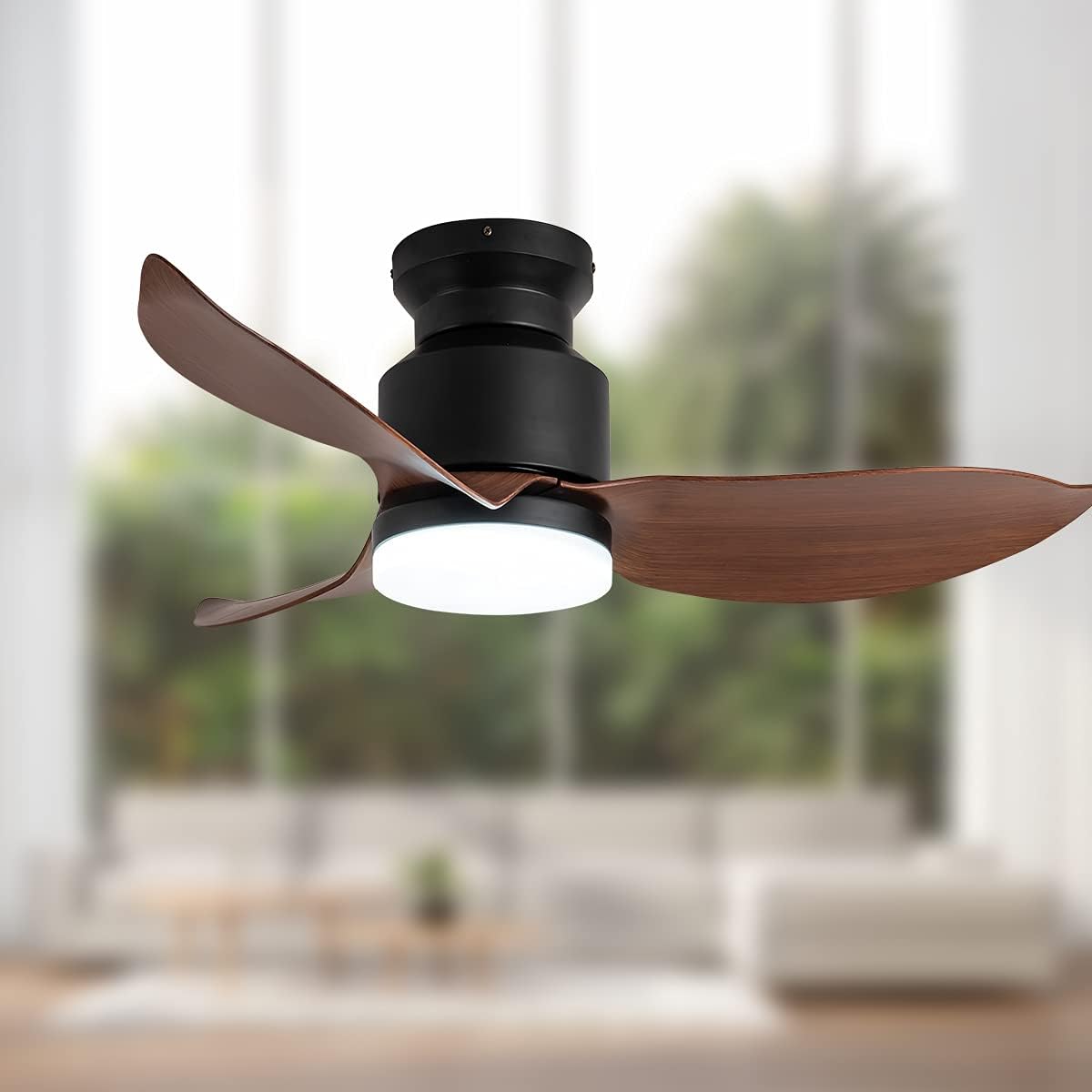 44 Inch Modern Small Flush Mount Ceiling Fan with Light and Remote, Low Profile Ceiling Fans with 3 Blades for Living Room/ Bedroom, Black