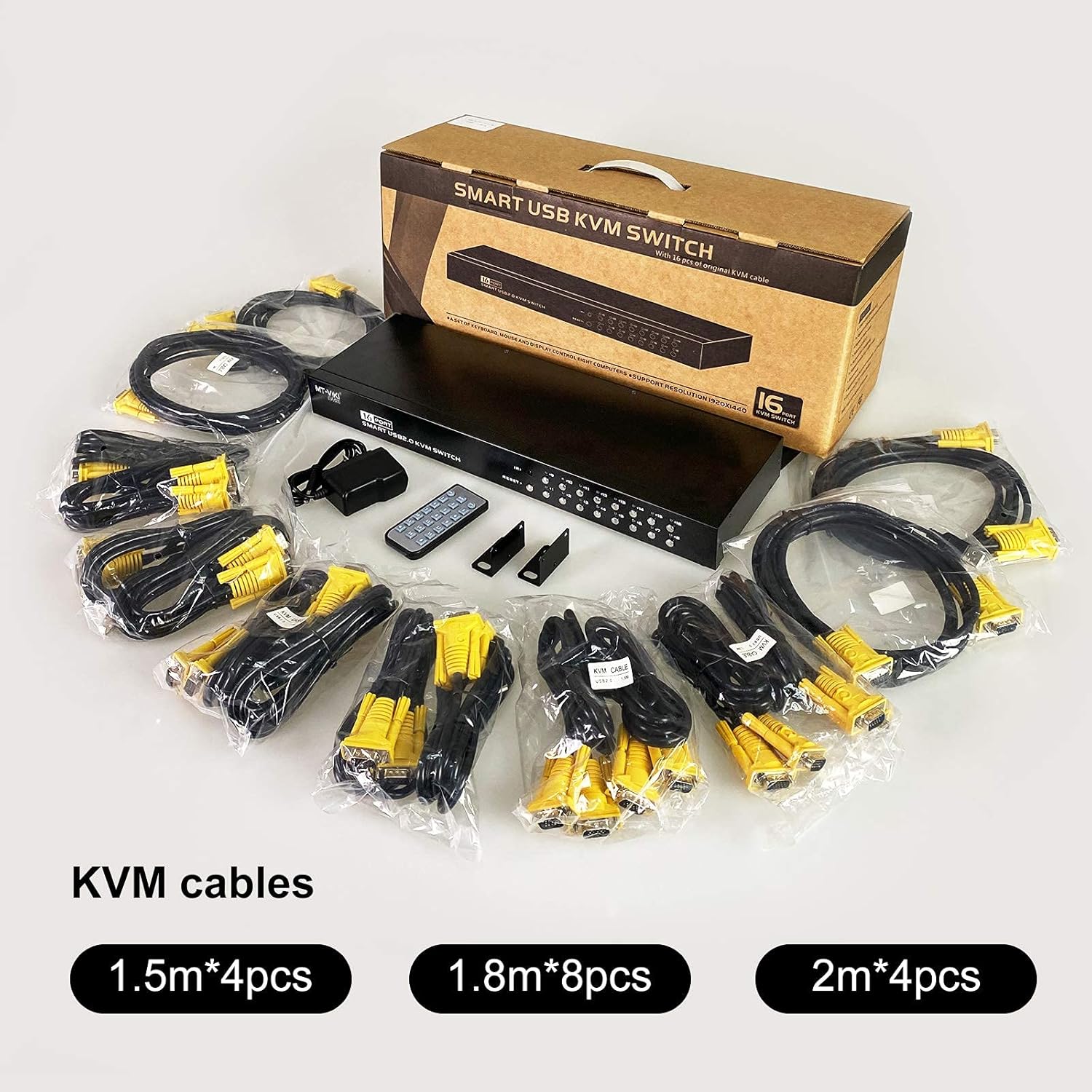 KVM Switch 16 Port Rackmount KVM Switch VGA, MT-VIKI 16x1 USB VGA KVM Console + Cables & Ears 1U Rack