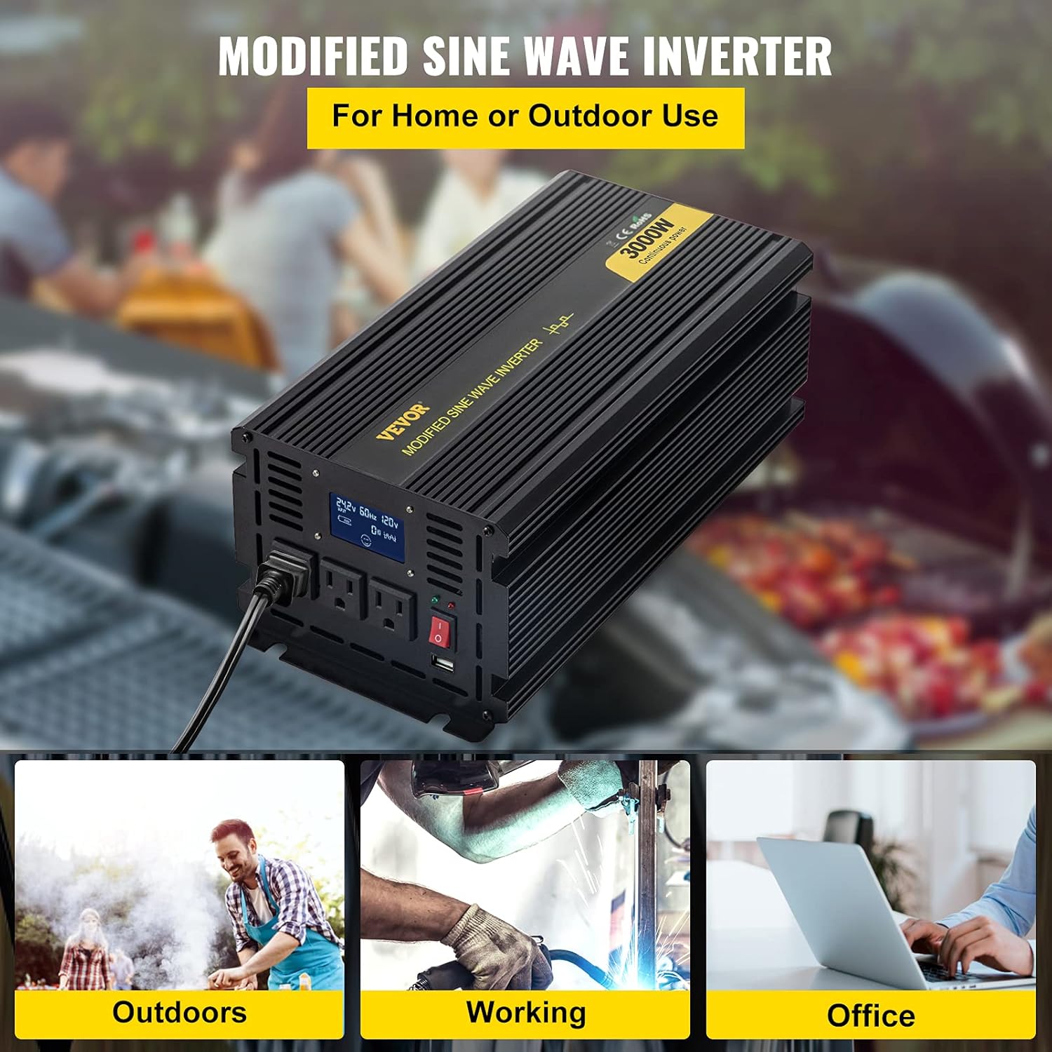 VEVOR Power Inverter, 3000W Modified Sine Wave Inverter, DC 24V to AC 120V Car Converter, with LCD Display, Remote Controller, LED Indicator, AC Outlets Inverter for Truck RV Car Boat Travel Camping