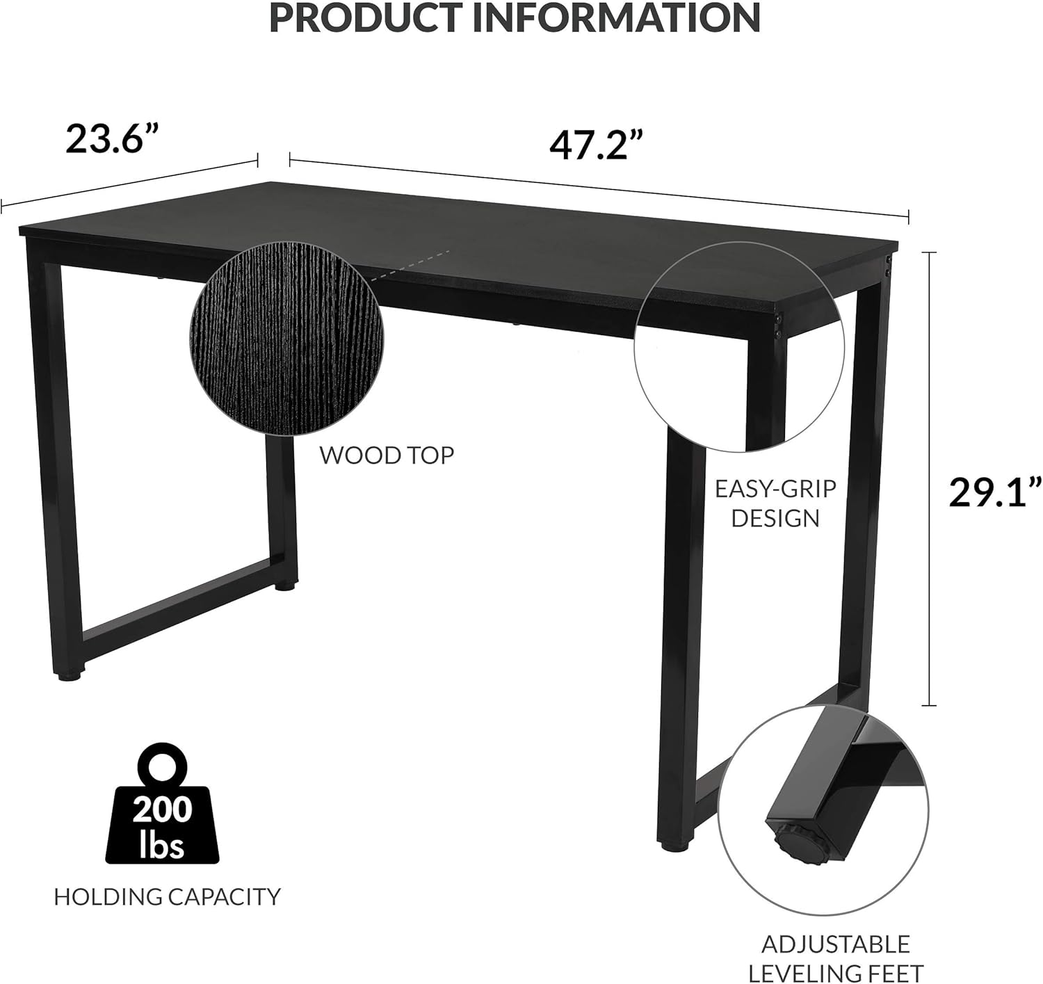 Halter Computer Desk, Modern Work Desk for Home Office, Gaming Study Writing PC or Laptop Desk Table for Small Spaces, Black Wood Desk, Black Frame, 47 Inches