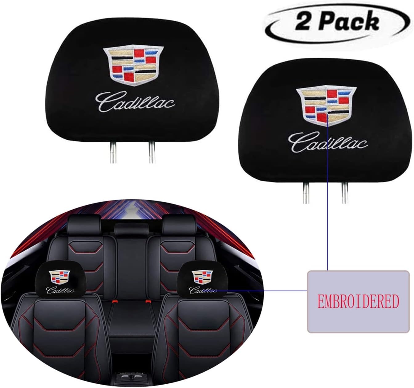 Lan yu 2Pcs Universal Cadillac Embroidered Headrest Cover ,Black Soft Elastic Auto Headrest Covers Fit for Cadillac Vehicles Interior Accessories