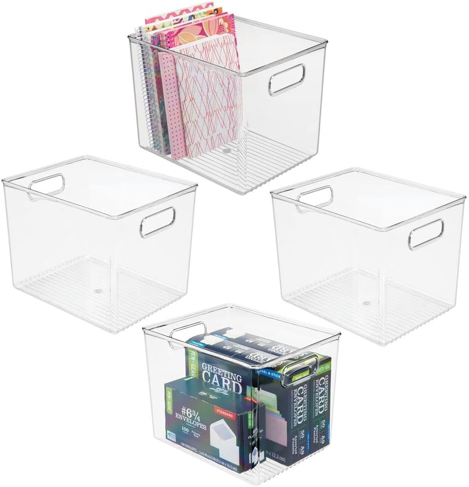 mDesign Plastic Storage Bin with Handles for Office, Desk, Book Shelf, Filing Cabinet - Organizer for Sticky Notes, Pens, Notepads, Pencils, Supplies - BPA Free, 10