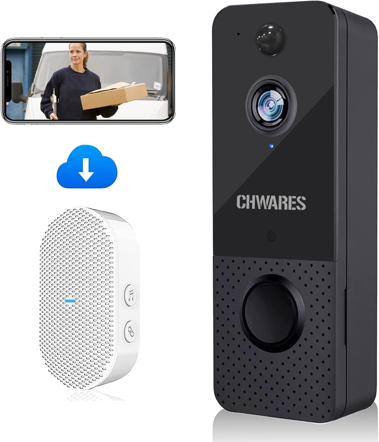 Wireless Video Doorbell Camera 1080p HD with Chime, Motion Detector, Night Vision, 2-Way Audio, Battery Powered, Free Cloud Storage, No Monthly Fee by CHWARES Pack of 2