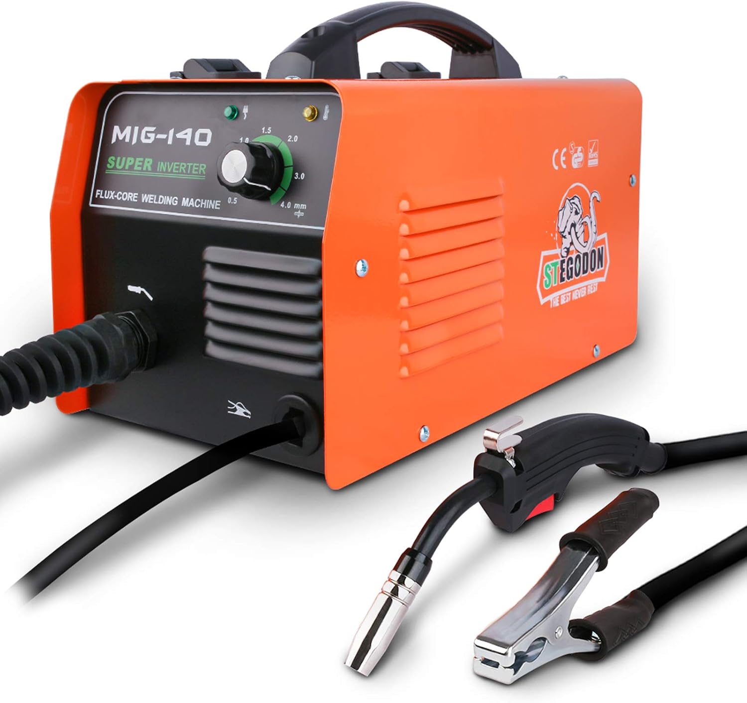 STEGODON MIG 140 Welder Portable Flux Core Wire Automatic Feed 140 Welder Welding Machine w/Free Mask ARC 110V with Electrode Holder,Work Clamp, Input Power Adapter Cable and Brush(Orange)