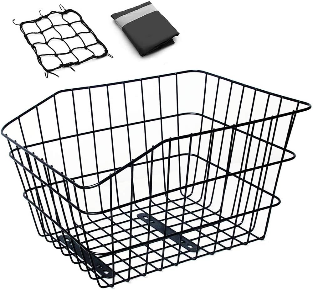 Hoobbii Rear Bike Basket, Waterproof Metal Wire Bicycle Basket with Adjustable Cargo Net and Waterproof Rainproof Cover Fits to Most Rear Bike Racks Pack of 2