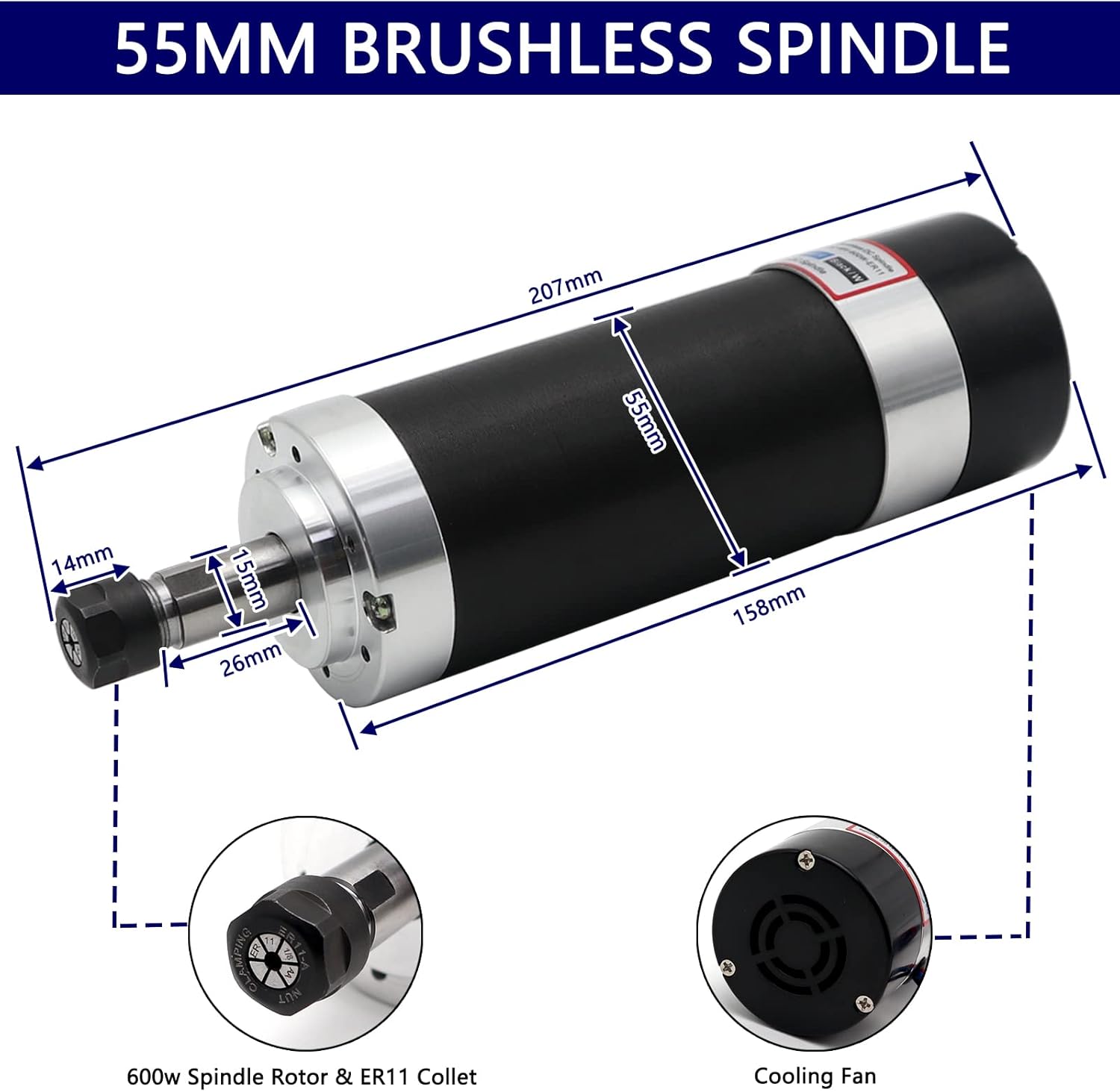 CNC Spindle Motor Kit,Brushless 600W Air Cooled Milling Spindle Motor+Upgrade Drive+55mm Clamp+13 PCS ER11 Collet+10 PCS Bits for DIY Engraving Machine