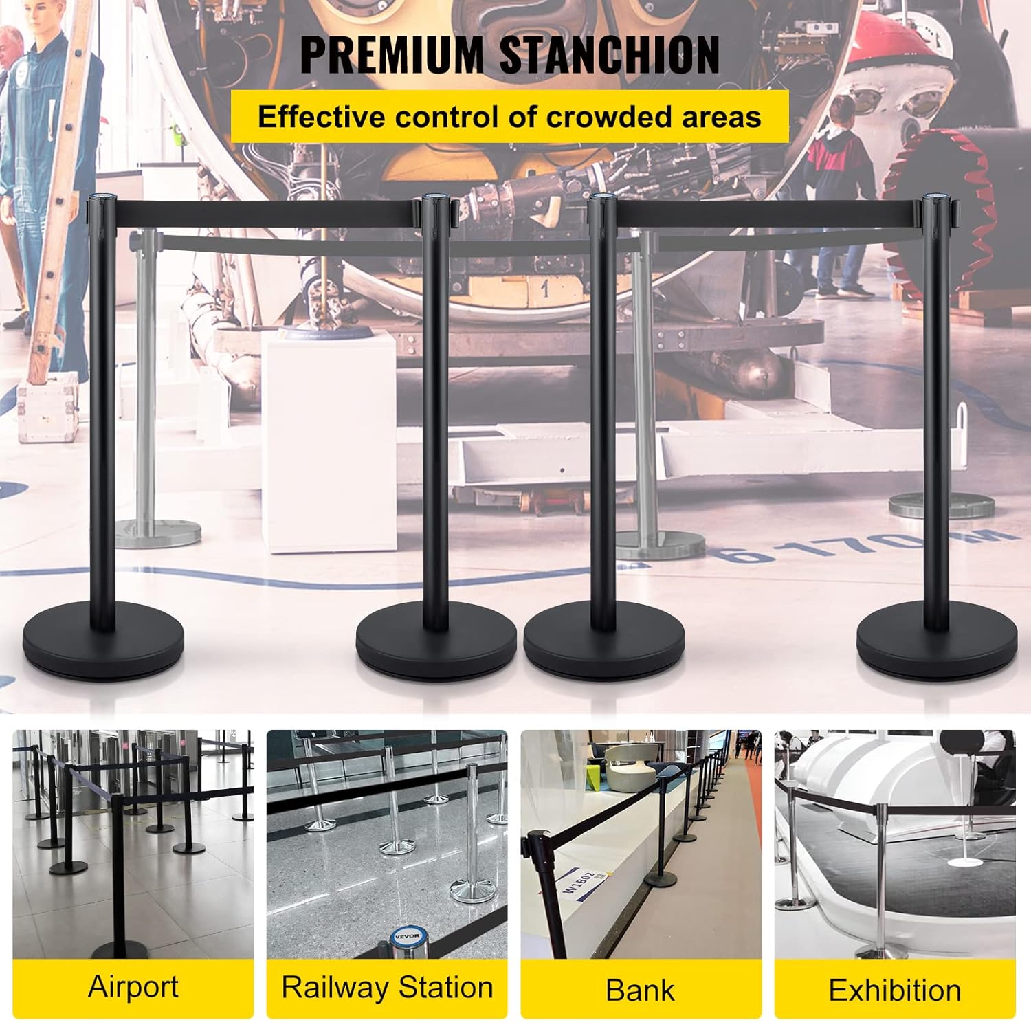 VEVOR Crowd Control Stanchion, Set of 4 Pieces Stanchion Set, Stanchion Set with 6.6 ft/2 m Black Retractable Belt, Black Crowd Control Barrier w/Concrete and Metal Base &ndash; Easy Connect Assembly