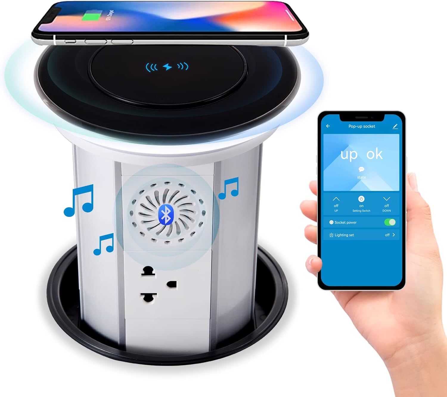 Redcomets Automatic Pop Up Power Strip, Retractable Hidden Recessed Power with 2 4.2A USB Charger Ports and Wireless Charger Station, 3 AC Outlets for Kitchen Countertop Conference(White)