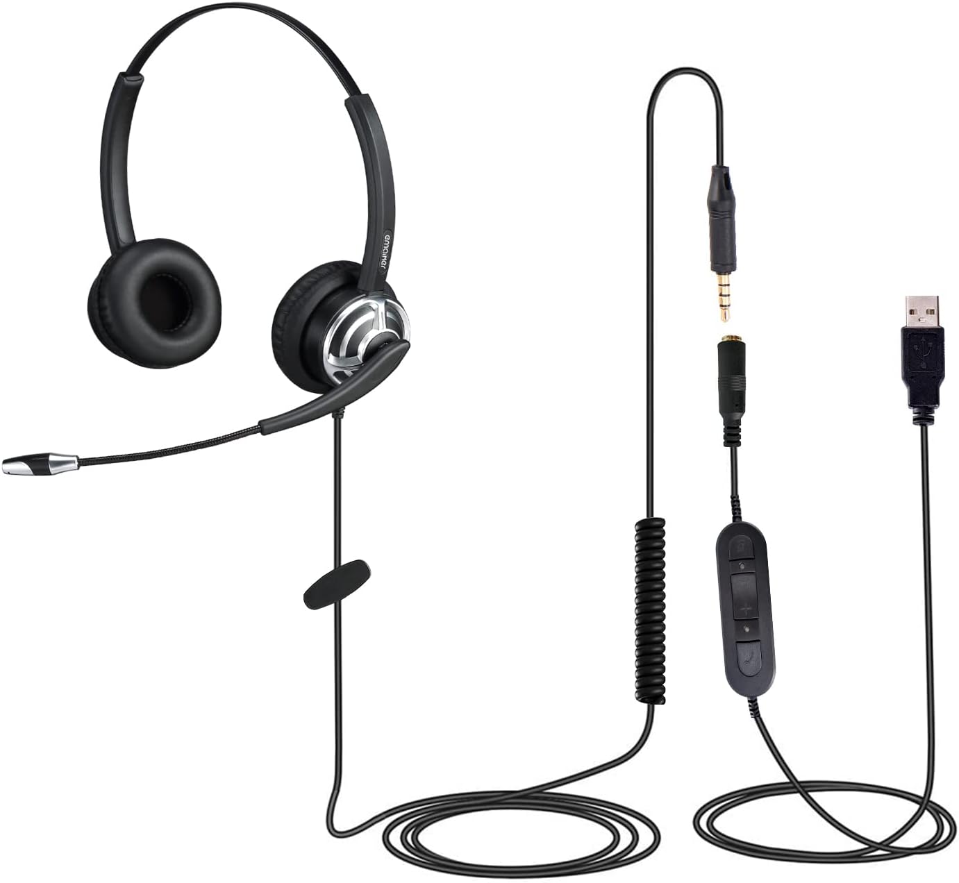 Emaiker 3.5mm-USB A Wired Headset PC Headphone USB with Microphone for Dragon Dictation, Jabber Teams Skype Zoom Meeting, Computer Headphones for Tablet PC Office Work Pack of 2