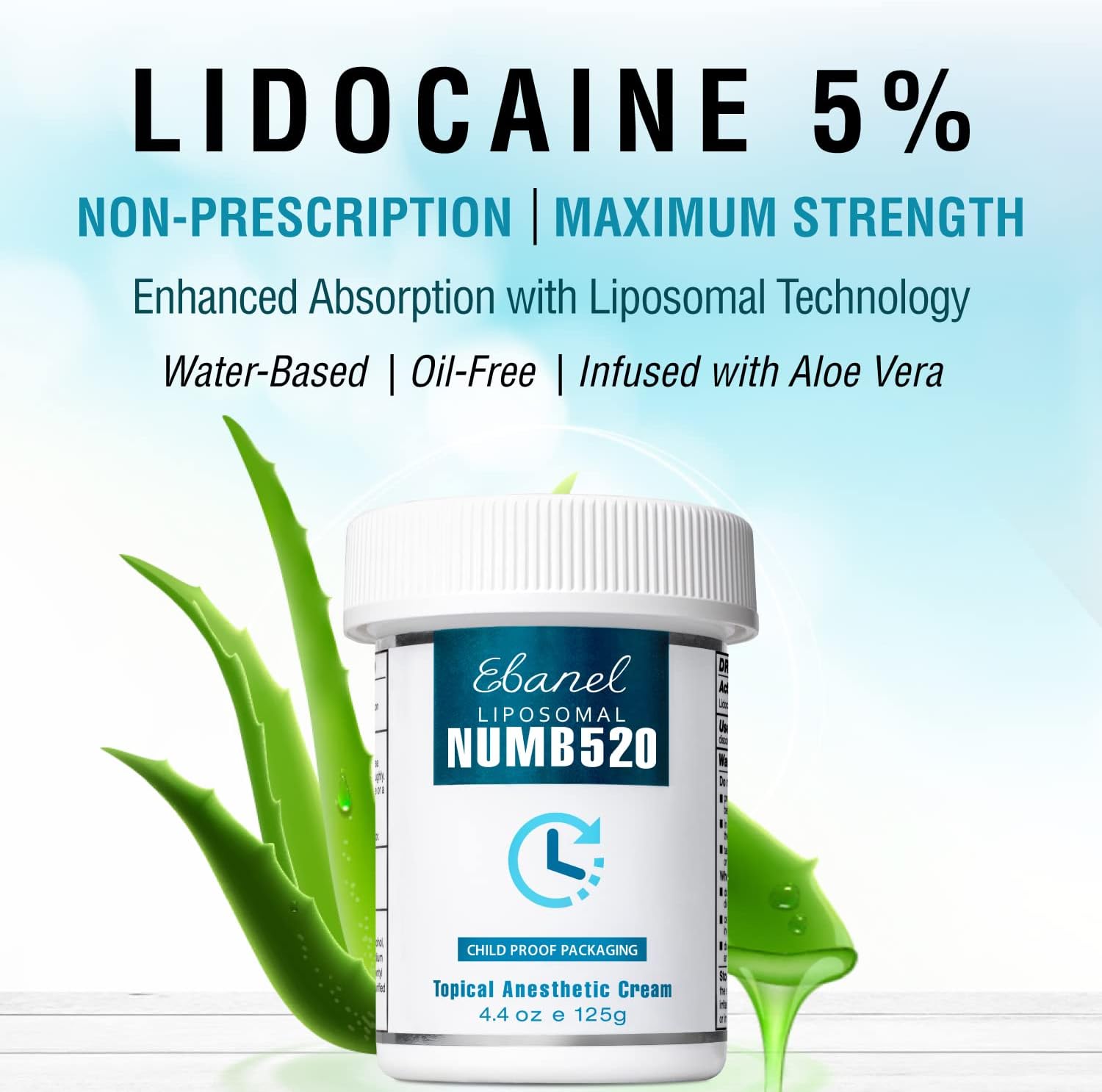 Ebanel 5% Lidocaine Topical Numbing Cream Maximum Strength, 4.4 Oz, Numb520 Pain Relief Cream Anesthetic Cream Infused with Aloe Vera, Vitamin E, Lecithin, Allantoin, Secured with Child Resistant Cap Pack of 2