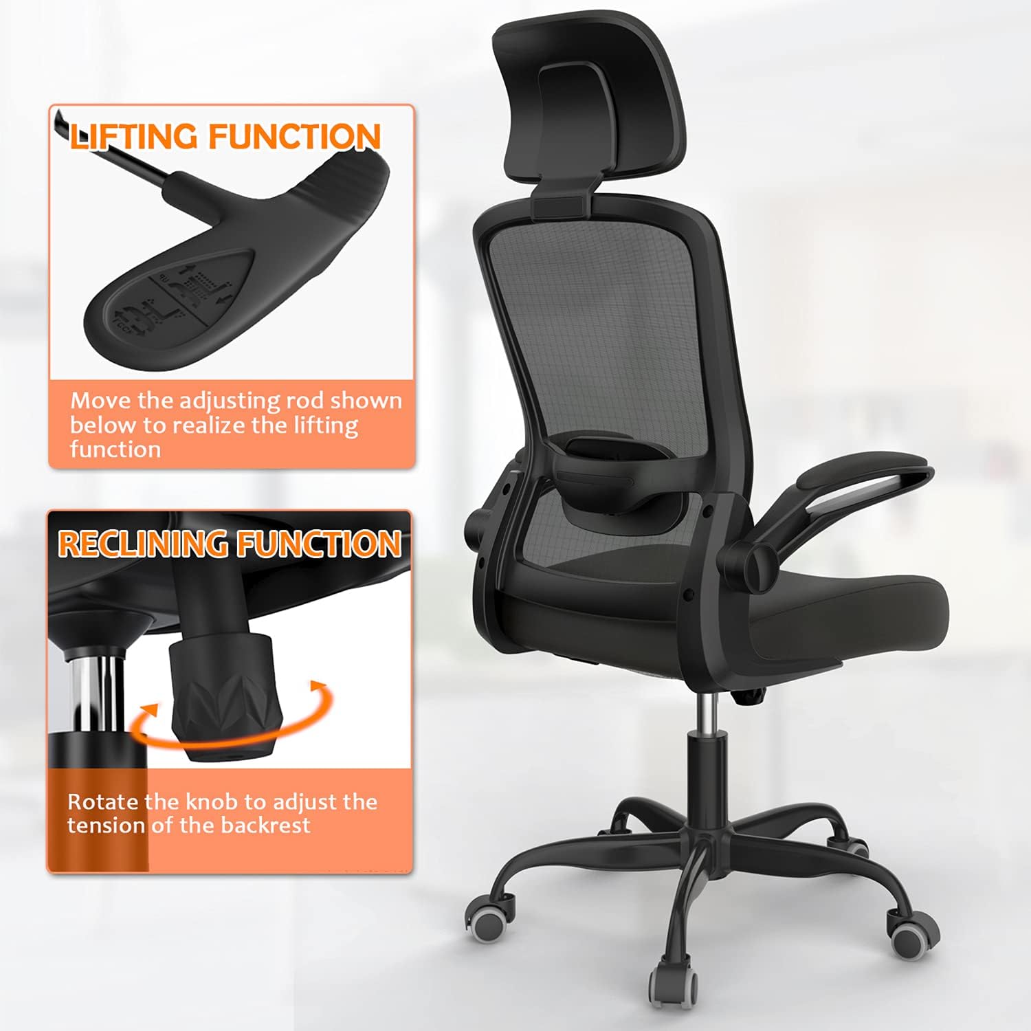 Ergonomic Office Chair with Adjustable Headrest & Lumbar Support, High Back Computer Desk Chair with Thickened Cushion & Flip-up Armrests, Home Desk Chair for Teenagers, Black
