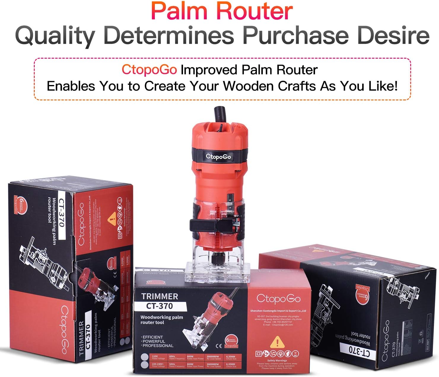 CtopoGo Compact Wood Palm Router Tool Hand Edge Trimmer WoodWorking Joiner Cutting Palmming Tool 30000R/MIN 800W 110V with 12PCS 1/4