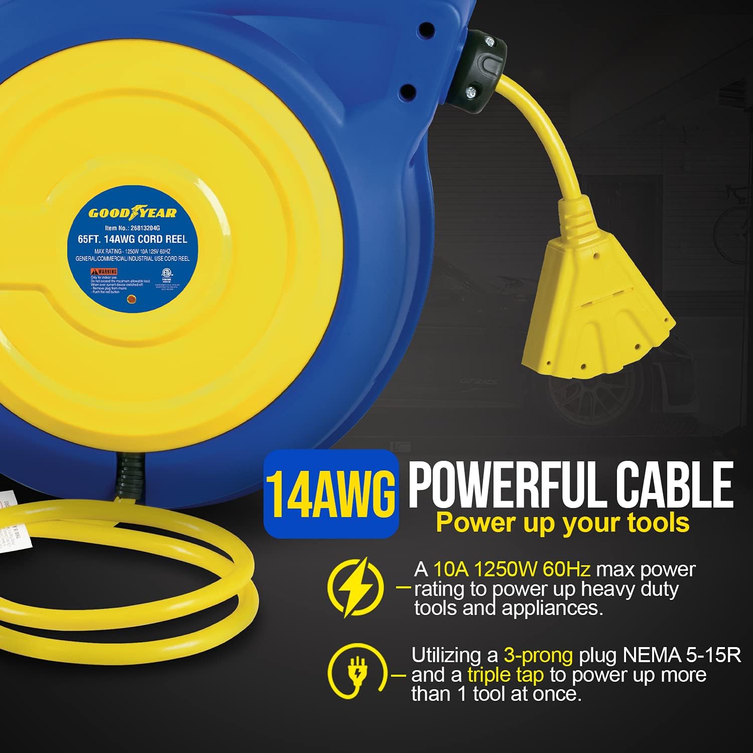 Goodyear Extension Cord Reel Retractable 14AWG x 65' Foot 3C/SJTOW Commercial Cable Triple Tap Connector Power 10A 125VAC 1250W
