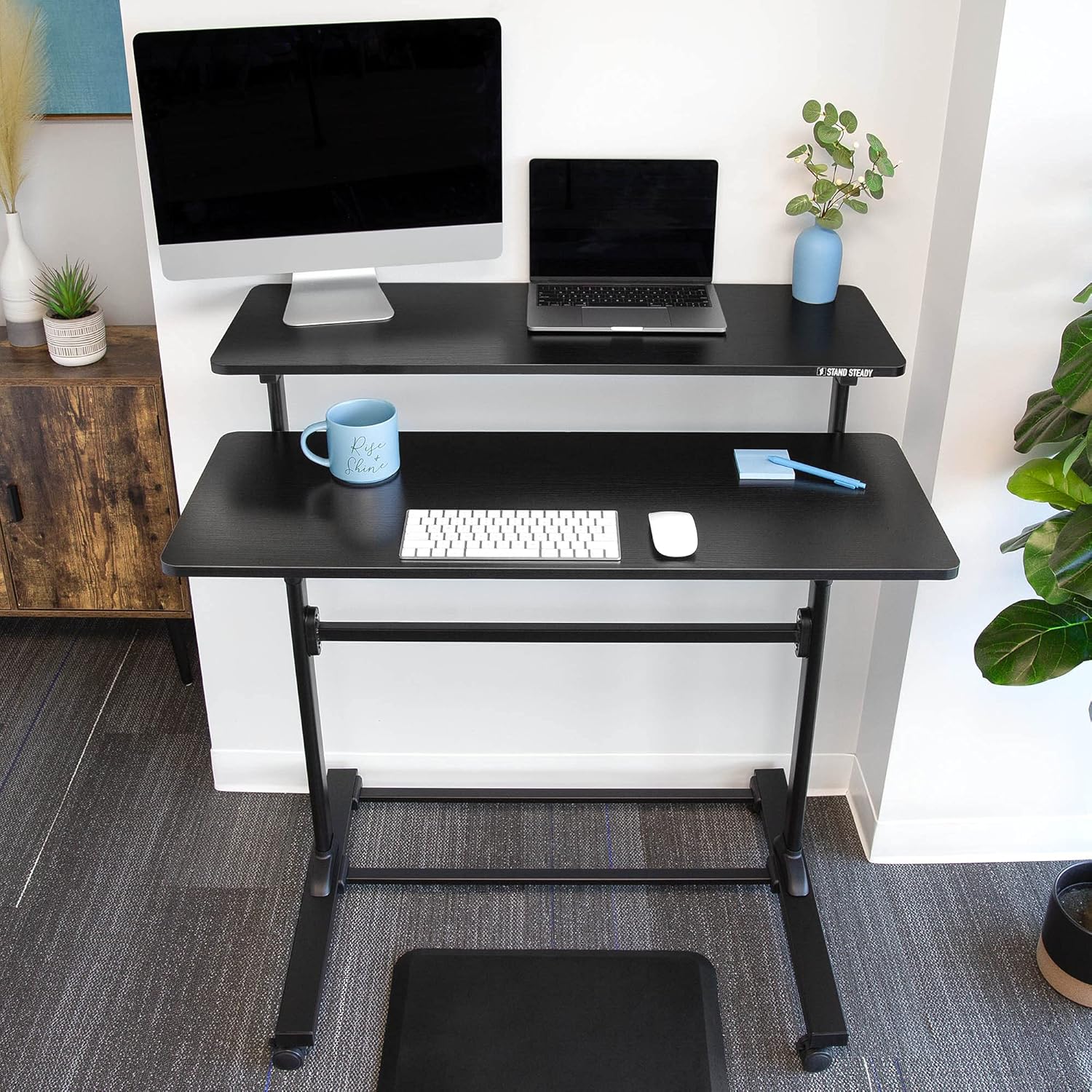 Stand Steady Tranzendesk | Height Adjustable Mobile Standing Desk with Shelf | Two Level Portable Workstation with Locking Wheels | Stand Up Desk for School, Office, & Presentations (Black/40 x 28in)