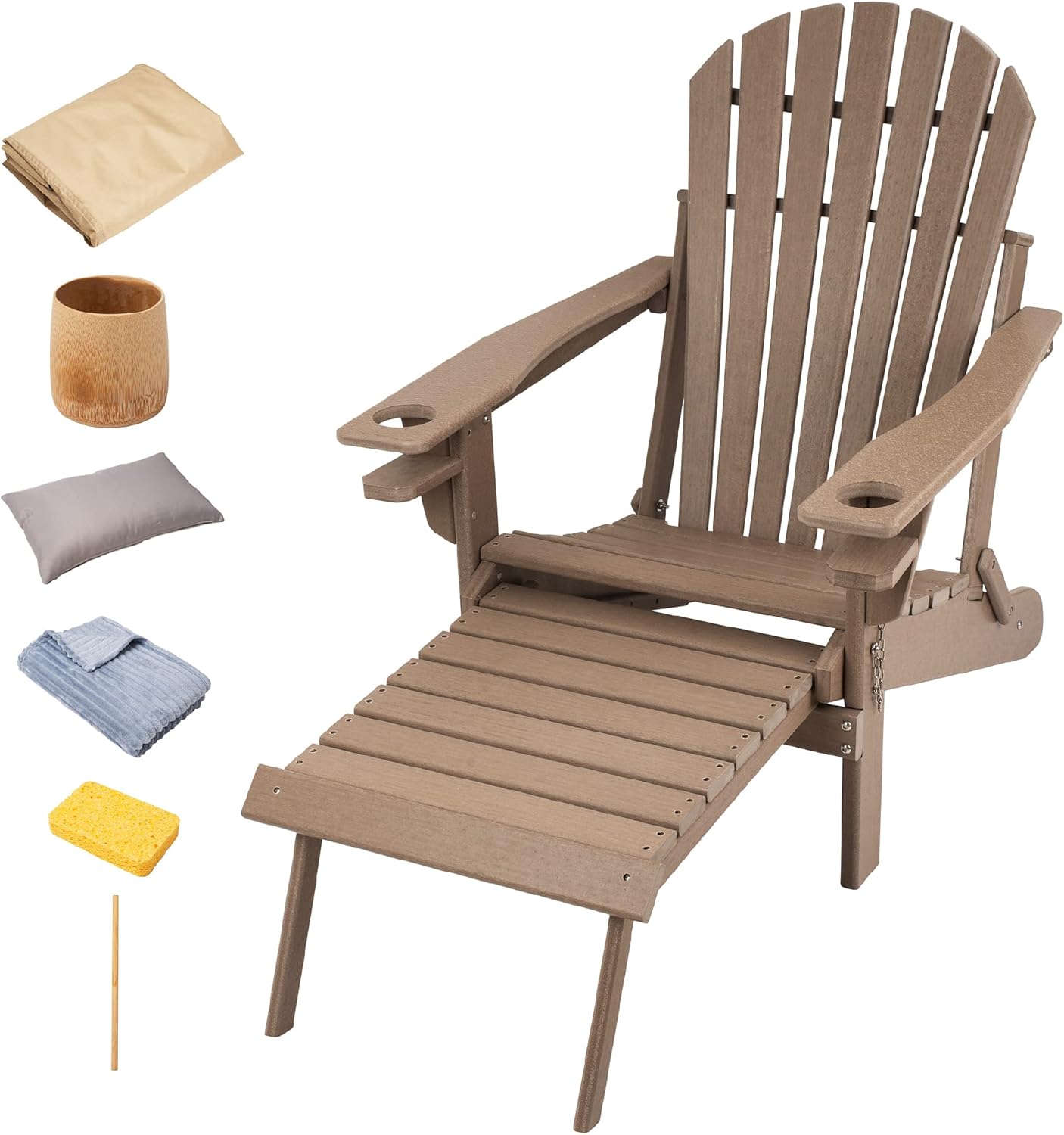 DANVID Adirondack Chair - Folding Beach Chair with Footrest, Armrests, Cupholder - Outdoor Furniture for Deck, Lawn, Backyard & Patio Seating - Weather Proof Polywood Adirondack Chairs for Outside