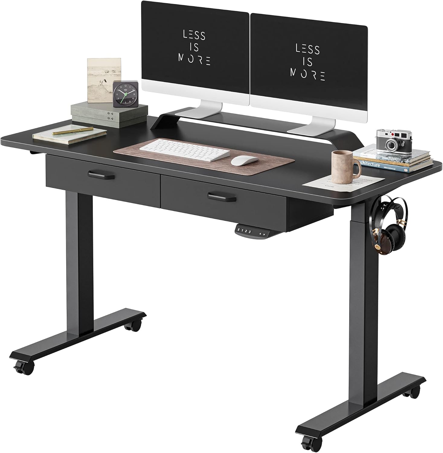 FEZIBO Adjustable Height Electric Standing Desk with Double Drawer, 48 x 24 Inches Stand Up Home Office Desk with Splice Tabletop, Black Frame/Fir Brown Top