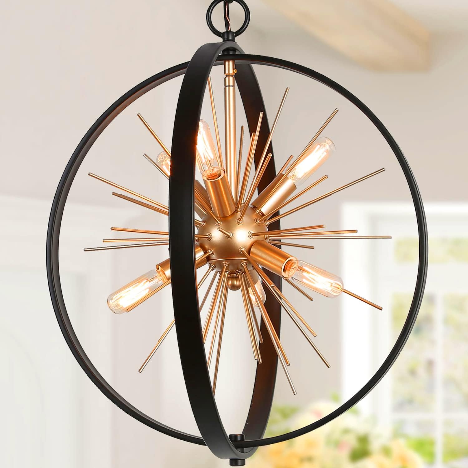 Durent Lighting Black and Gold Chandelier, 6-Light Mid Century Modern Chandelier, 18&rdquo; Globe Sputnik Starburst Pendant Lighting Fixture for Foyer, Entryway, Dining Living Room, Bedroom, Kitchen Island