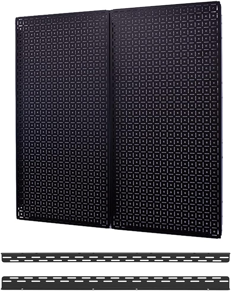 OmniWall Pegboard 2- Panel Side-By-Side Set 32-Inch Tall x 32-Inch Wide Metal Pegboard For Garage & Home Storage Black