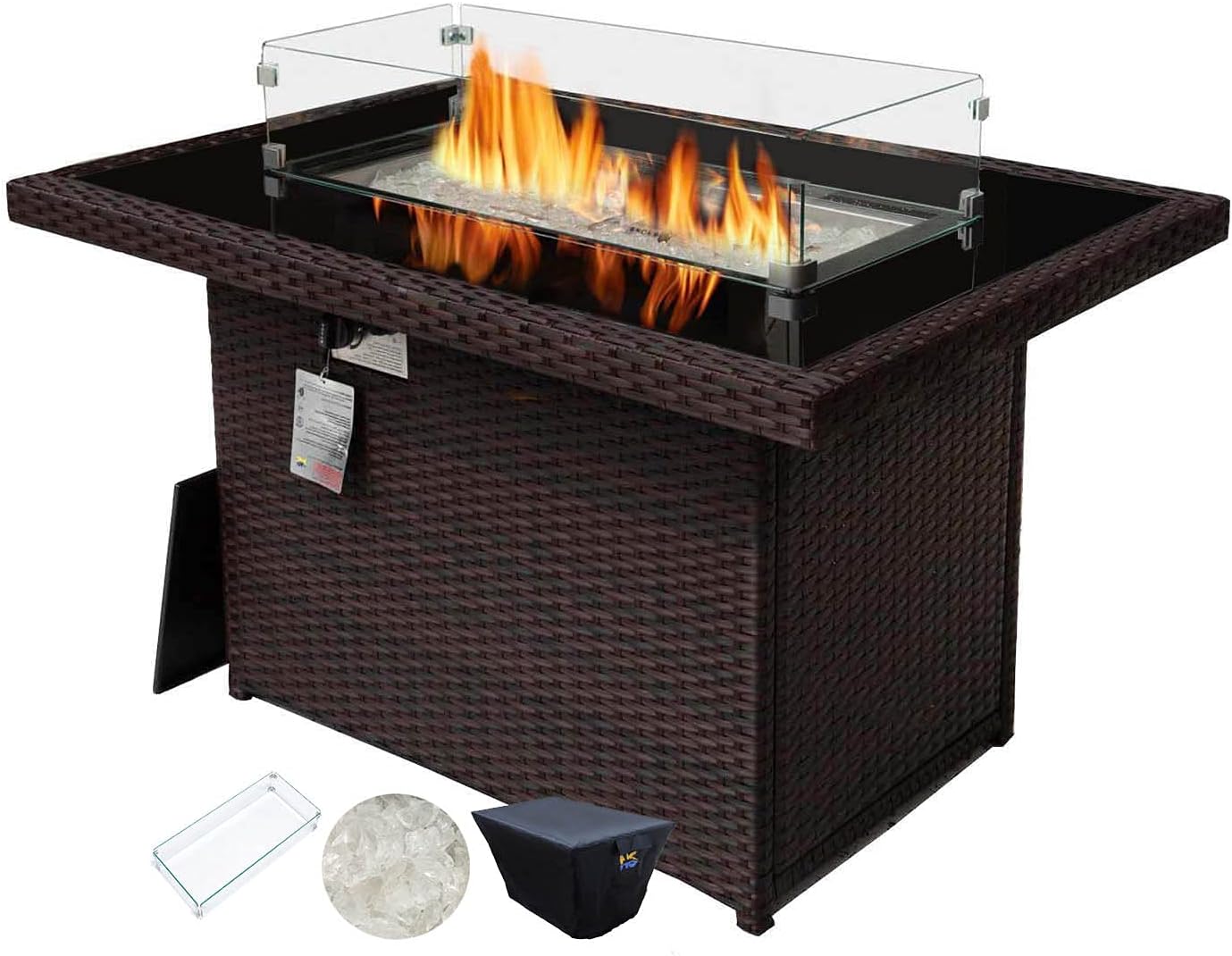 43''L x 32''W Rectangle Wicker Propane Fire Pit Table Tempered Glass Top 55000 BTU Output Dual Heating Gas Fireplaces Outdoor Heaters for Outside with Cover & Glass Rocks CSA Approved