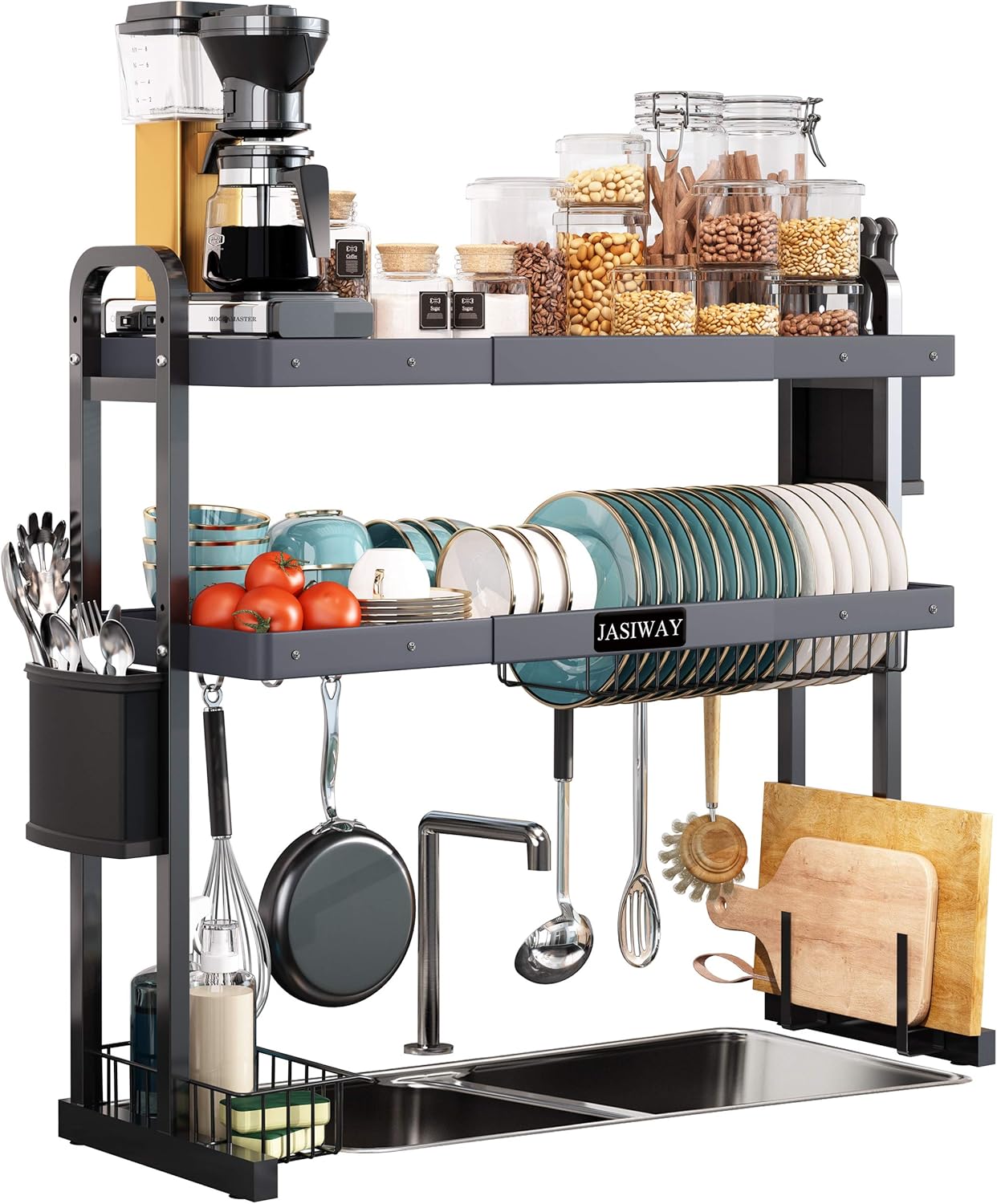 Over Sink Dish Drying Rack, JASIWAY Adjustable 2 Tier Stainless Steel Large Kitchen Dish Drainer(27.5