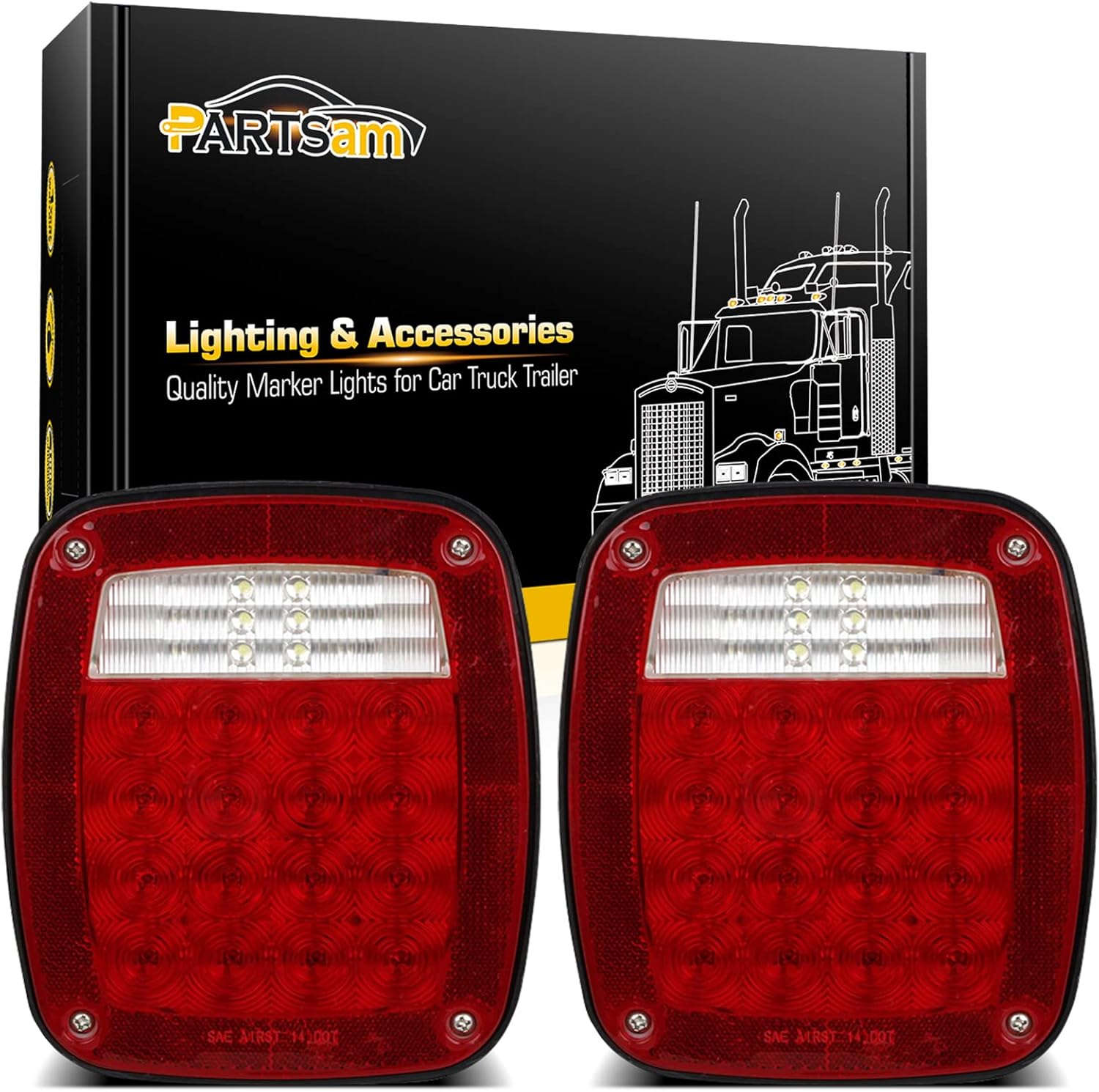 Partsam 2Pcs Universal Smoked Square Combination 38 LED Signal Tail Lights w/License Plate Lights Flatbed Trucks Brake Stop Turn Tail Light Backup Reverse Lights for Wrangler CJ TJ YJ Tail Lights 12V Pack of 2