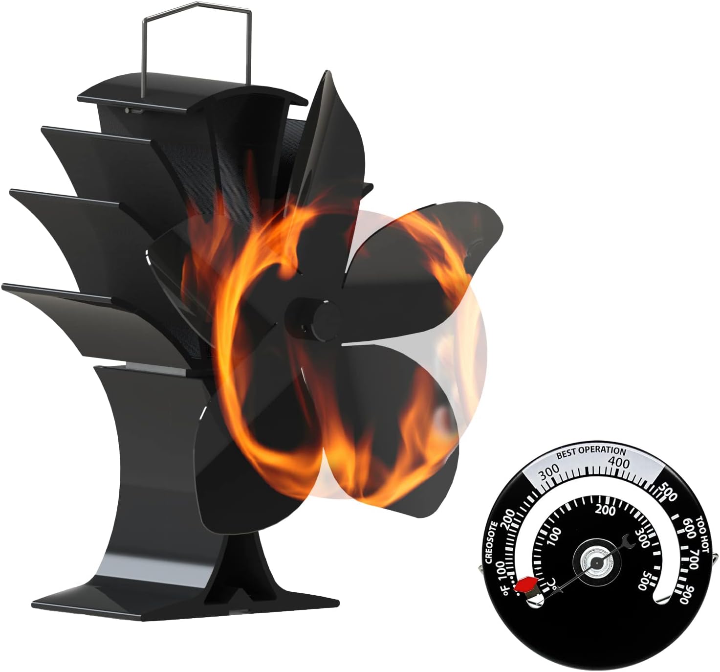 Wood Stove Fan - 5 Blades Heat Powered Stove Fan for Fireplace/Wood Burning/Log Burner,Thermoelectric Eco Non Electric Fan,Wood Pellet Stove Gas Fireplace Accessories with Magnetic Thermometer Pack of 2