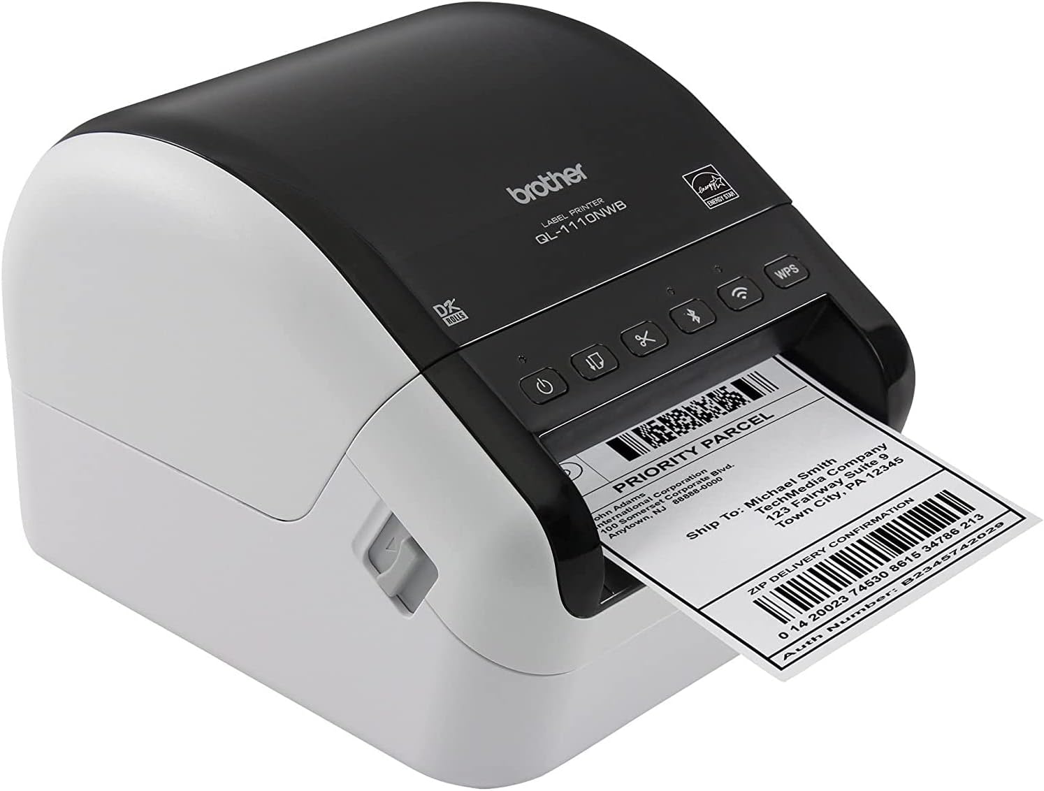Brother QL-1110NWB Wide Format Postage and Barcode Professional Thermal Wireless Monochrome Label Printer, Black - Print via USB, Ethernet, and Bluetooth, 4