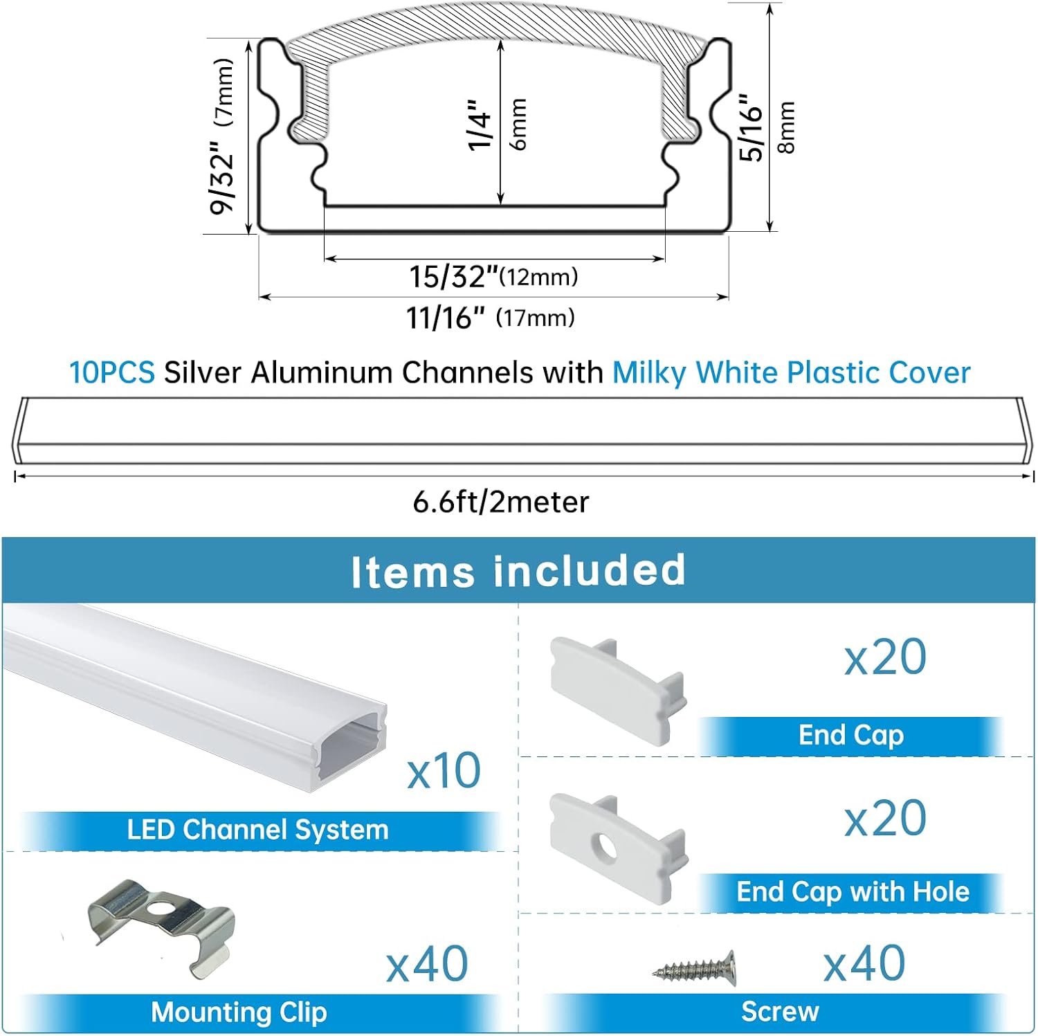 Muzata 10Pack 6.6FT/2M U Shape LED Aluminum Channel System with Milky White Cover, Silver Aluminum Extrusion Profile Housing Track for Strip Tape Light U1SW WW 2M, LU1 L2M