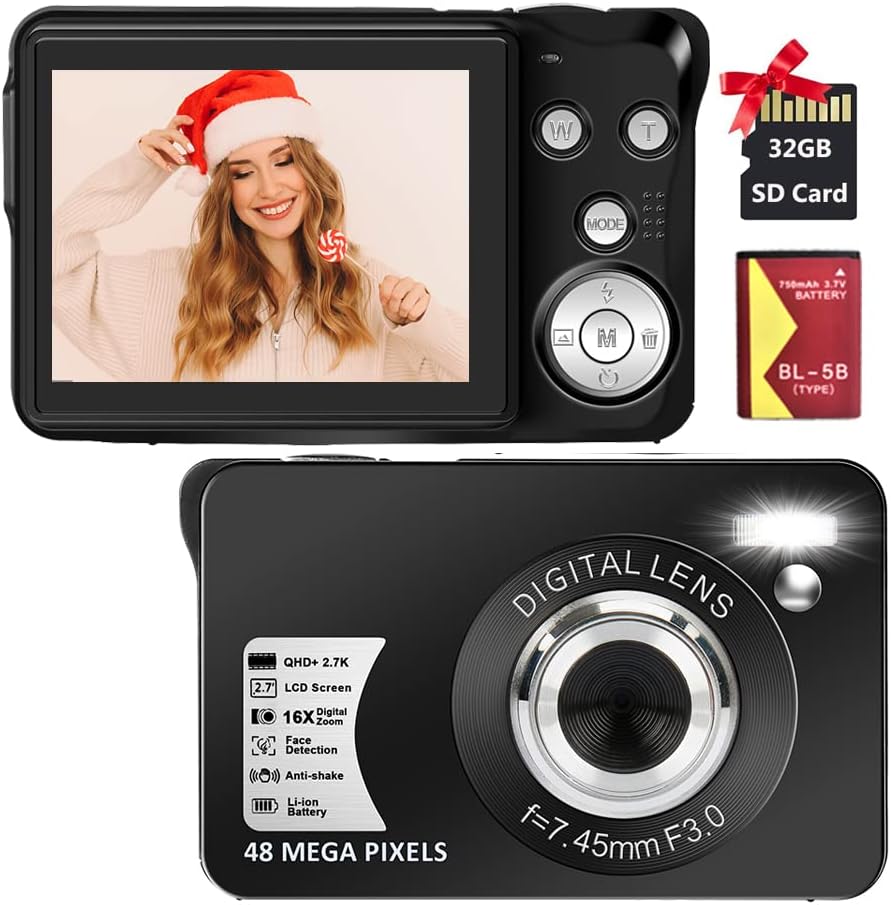 Digital Camera,2.7K 48MP Compact Camera,2.7 inch Pocket Camera,Rechargeable Small Digital Camera for Kids,School,Children,Adults,Photography with 16X Digital Zoom(32GB SD Card Included,1 Battery) Pack of 2