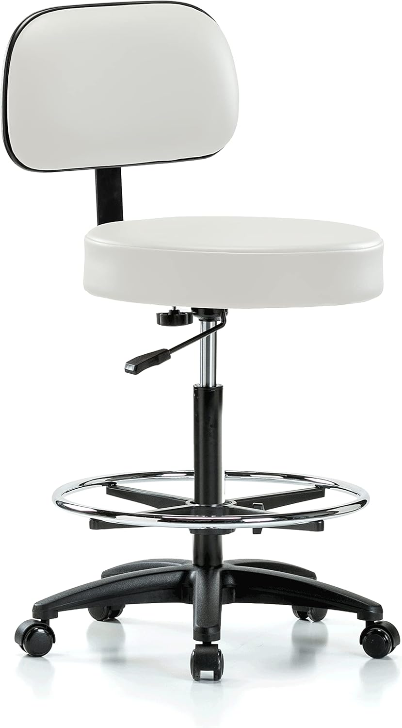 Perch Walter Rolling Height Adjustable Exam Stool with Back for Hardwood or Tile | Workbench Height 300Pound Weight Capacity | 12 Year Warranty (Charcoal Vinyl)