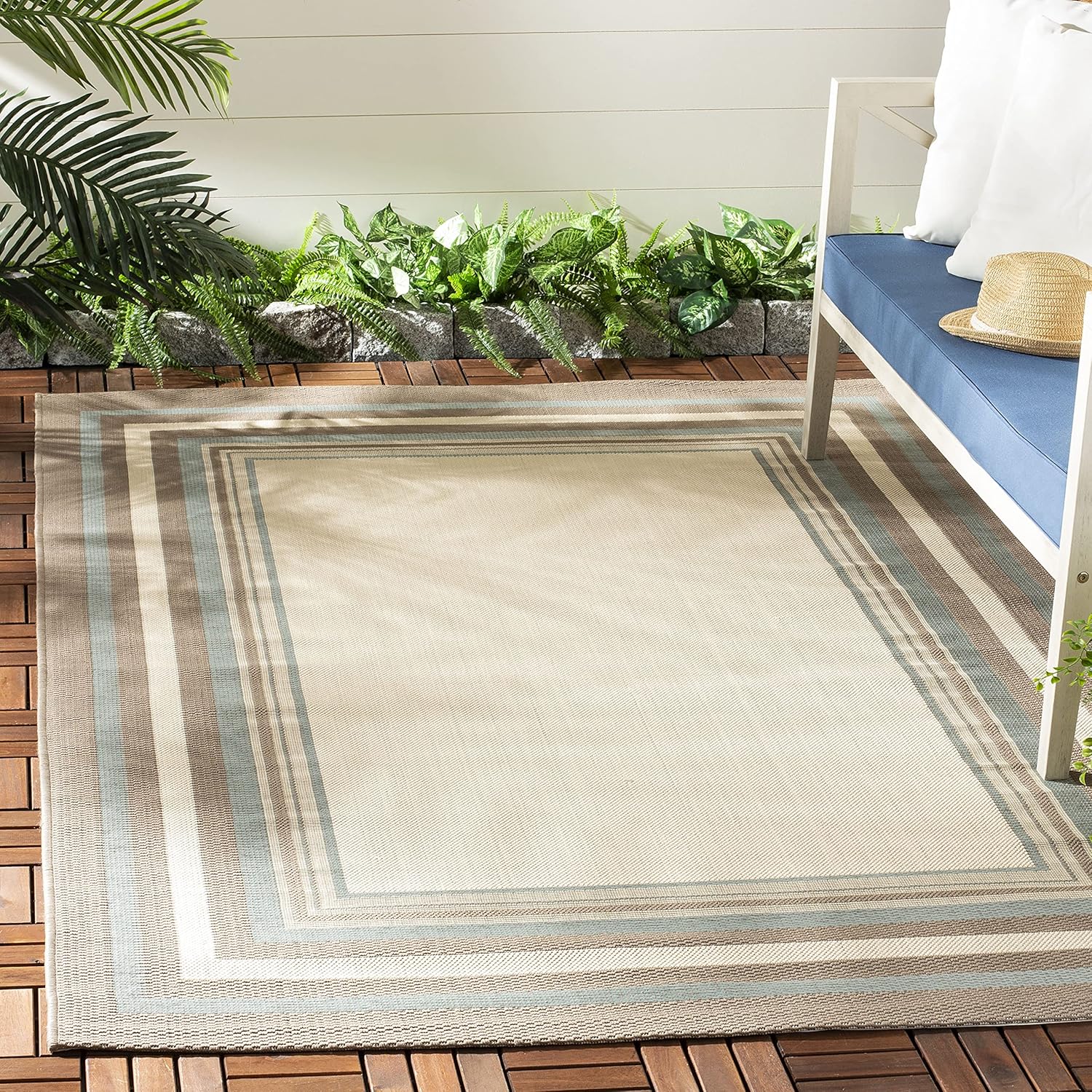 SAFAVIEH Courtyard Collection CY7896 Indoor/ Outdoor Non-Shedding Easy Patio Backyard Porch Deck Mudroom Area Rug, 8' x 11', Beige / Dark Beige