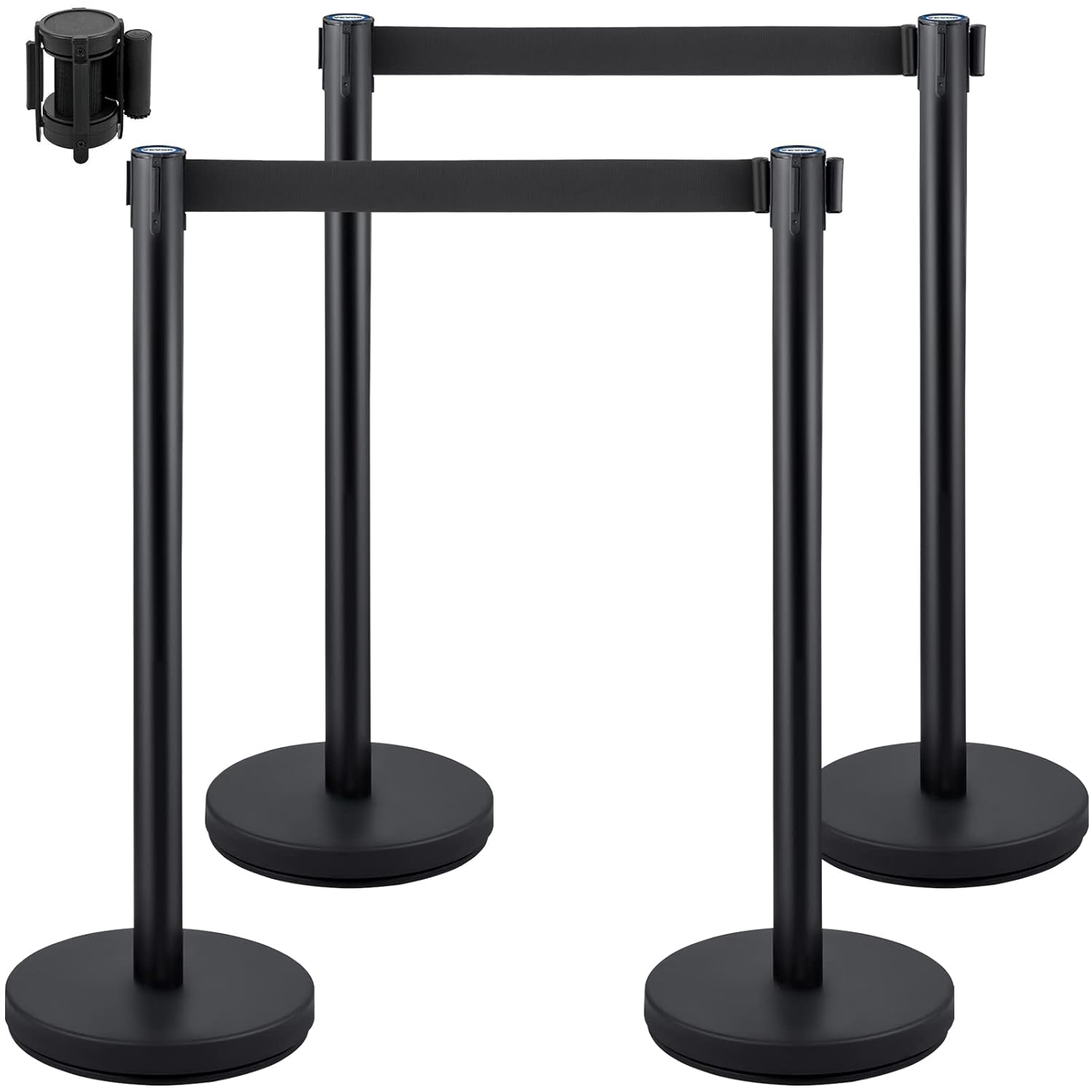 VEVOR Crowd Control Stanchion, Set of 4 Pieces Stanchion Set, Stanchion Set with 6.6 ft/2 m Black Retractable Belt, Black Crowd Control Barrier w/Concrete and Metal Base &ndash; Easy Connect Assembly