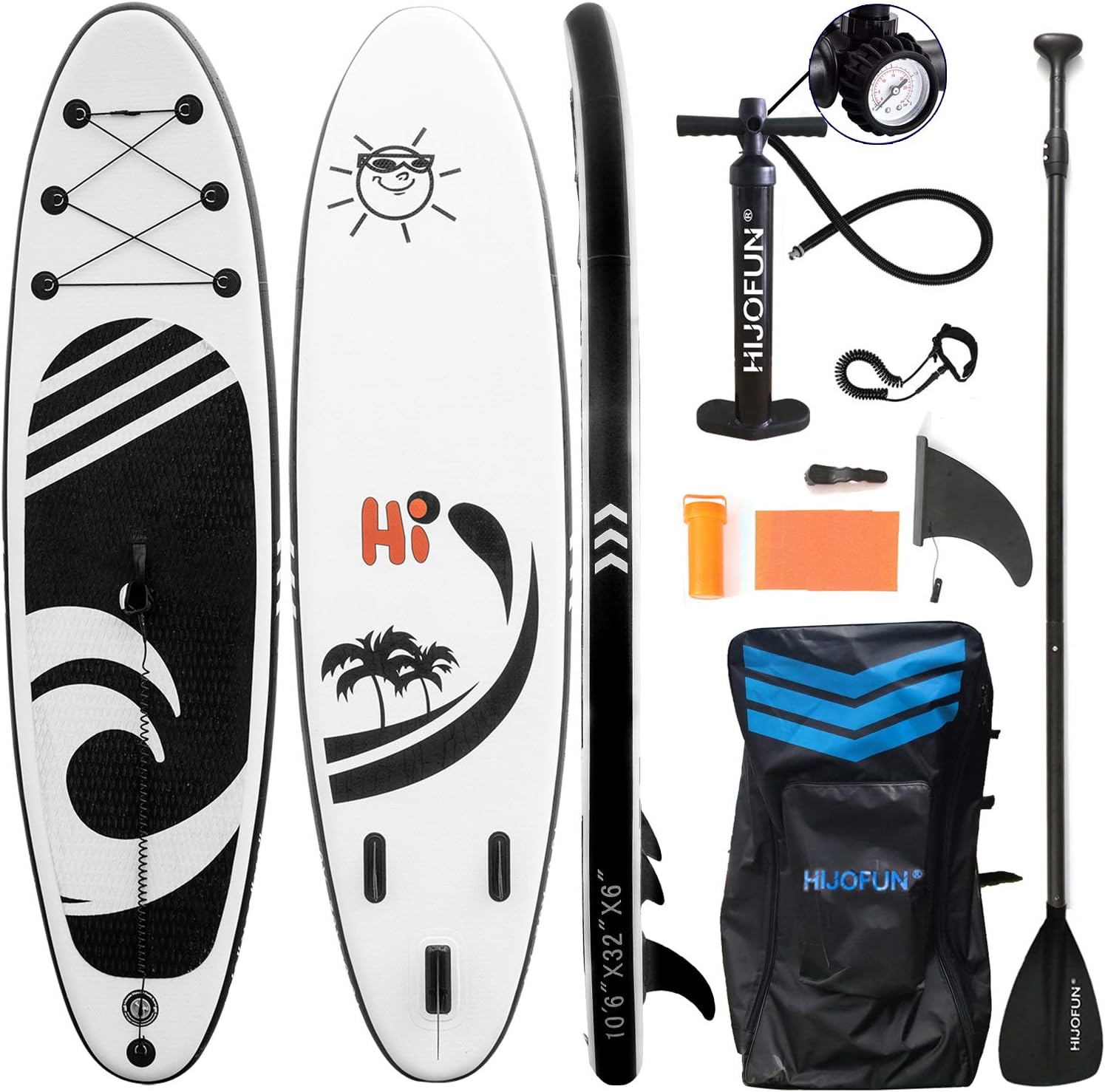 HIJOFUN Inflatable Stand Up Paddle Board (6 Inches Thick) with Premium SUP Accessories & Backpack| Wide Stance, Non-Slip Deck, Bottom Fin for Paddling, Surf Control Youth & Adult Standing Boat