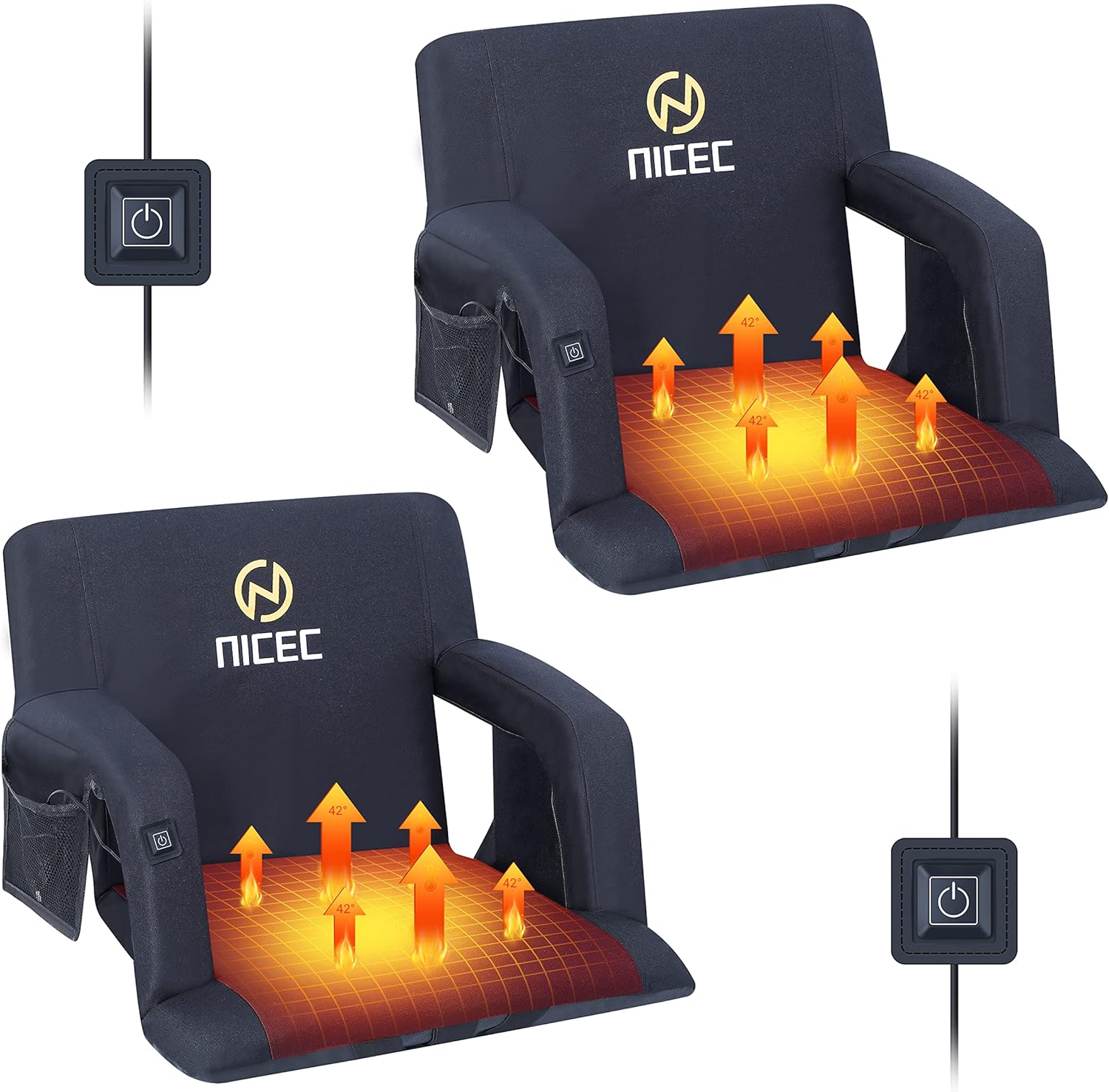 Nice C Heated Stadium Seats, Bleacher Chairs, 5 Reclining Positions Waterproof Cushion, Upgraded Ultralight, Foldable, Extra Thick Padding, with Shoulder Straps & Net Pockets