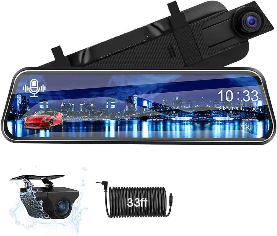 2.5K Voice Control Mirror Dash Cam Rear View Mirror Backup Camera Front and Rear , 10'' Rearview Mirror Backup Camera Dual Full HD Super Night Vision G-Sensor Parking Assistance