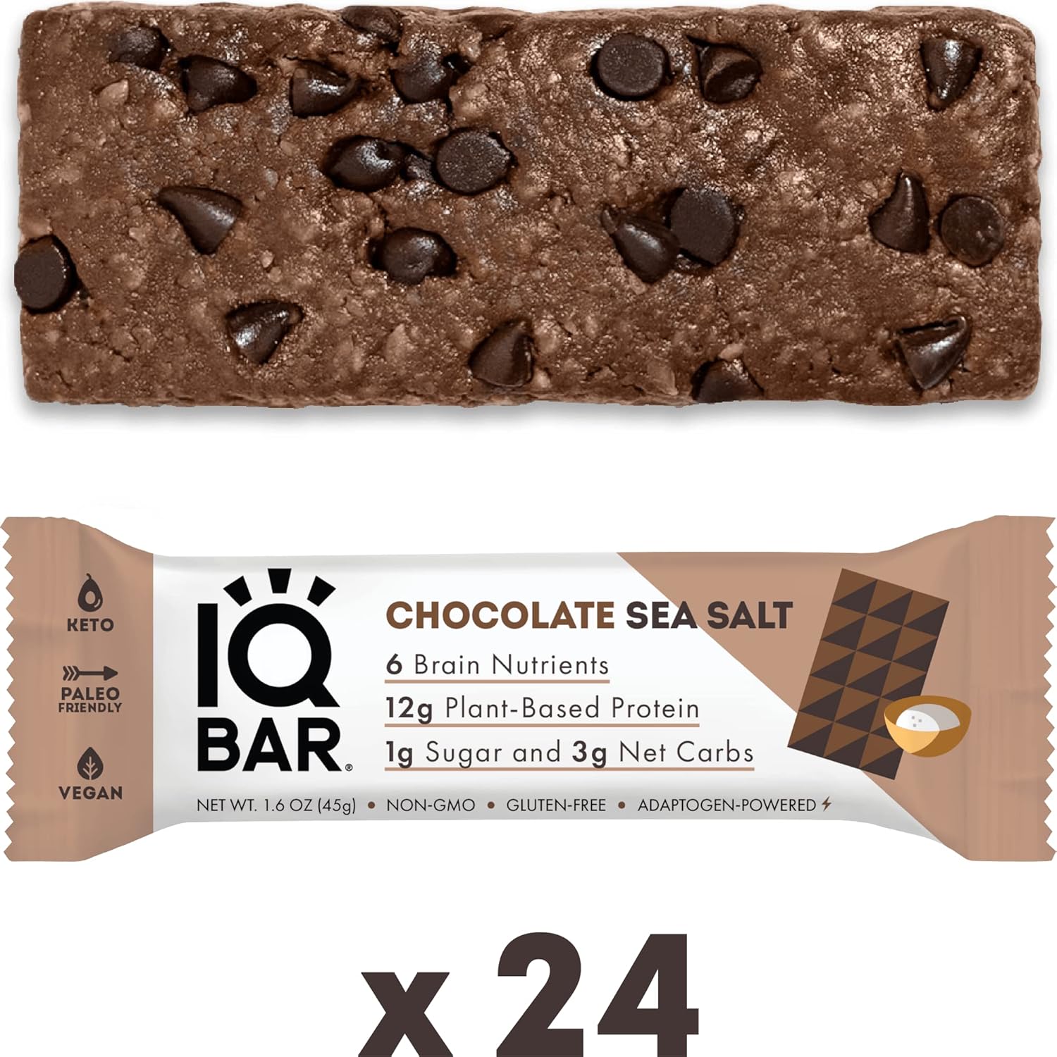 IQBAR Brain and Body Keto Protein Bars - Chocolate Sea Salt Keto Bars - 24-Count Energy Bars - Low Carb Protein Bars - High Fiber Vegan Bars and Low Sugar Meal Replacement Bars - Vegan Snacks Pack of 2