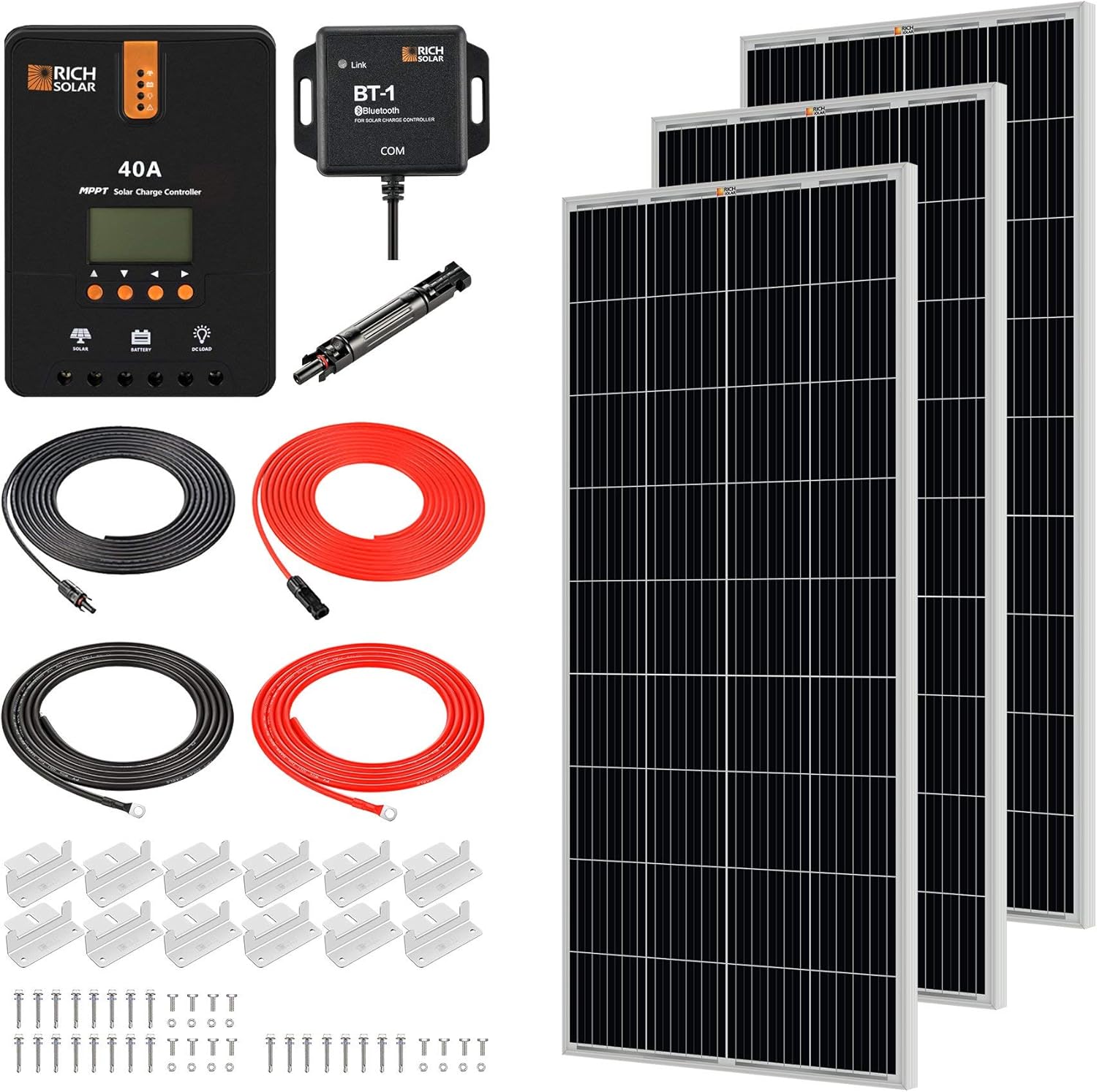RICH SOLAR 600 Watt 12 Volt 3 Pcs 200W Panel+40A MPPT Charge Controller+ Bluetooth Module Fuse+ Mounting Z Brackets+Adaptor Kit +Tray Cables Set,Grid 12V Solar Power System