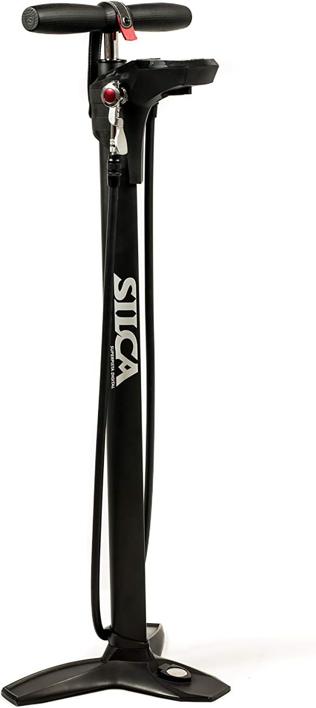 SuperPista Digital Floor Pump with Backlit Digital Gauge + Extra Long Hose | Award Winning HIRO Metal Locking Chuck for Presta and Schrader Valve | Bike Pump