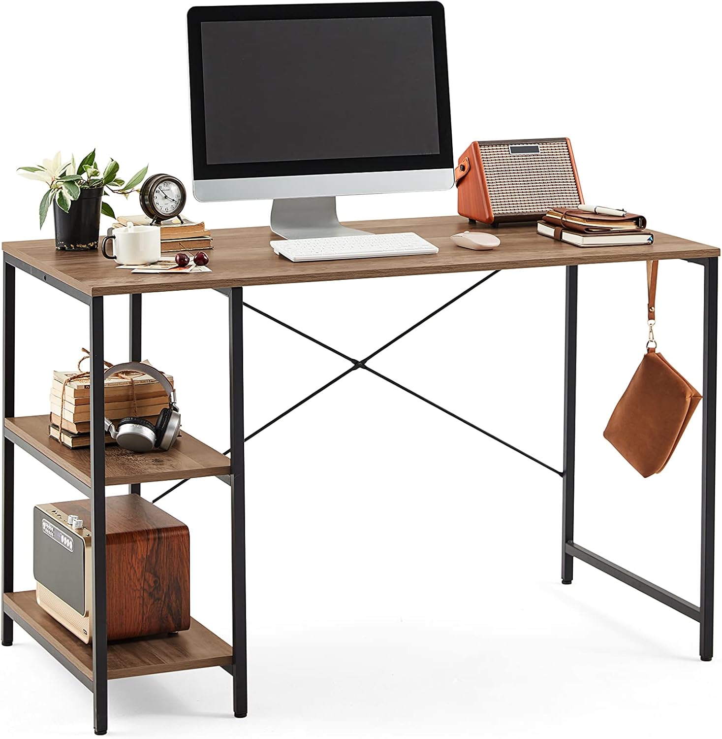 LINSY HOME Computer Desk with Shelves, 47 Inch Work Table for Home Office, Laptop Table with Monitor Stand for Small Spaces, Greige Oak Finished