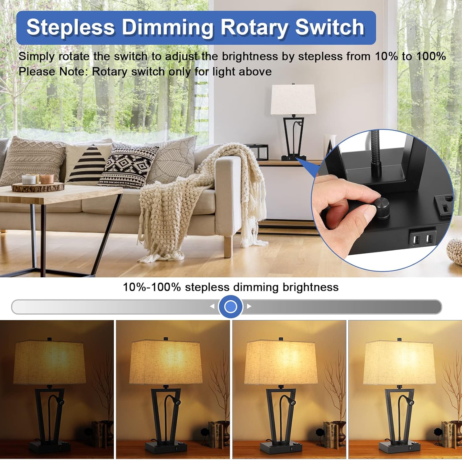 Dimmable Table Lamps for Living Room Set of 2 Bedside Lamps with USB Port and AC Outlet, Nightstand Lamps with LED Flexible Gooseneck Reading Lamp Bedside Table Lamp Desk Lamps, Free Bulbs Included