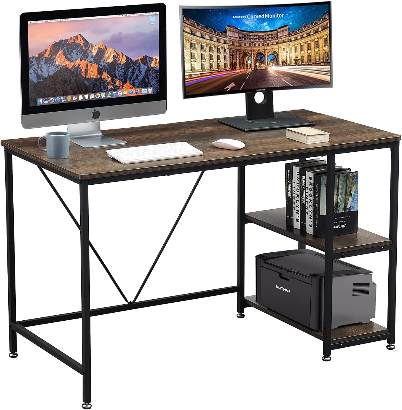 Liink1Ga 47 Inch Computer Desk with Storage Shelves on Left or Right, Modern Simple Style PC Table,Study Writing Desk,Gaming Table with Thicker Tabletop,Multipurpose Workstation,Walnut Brown Pack of 2