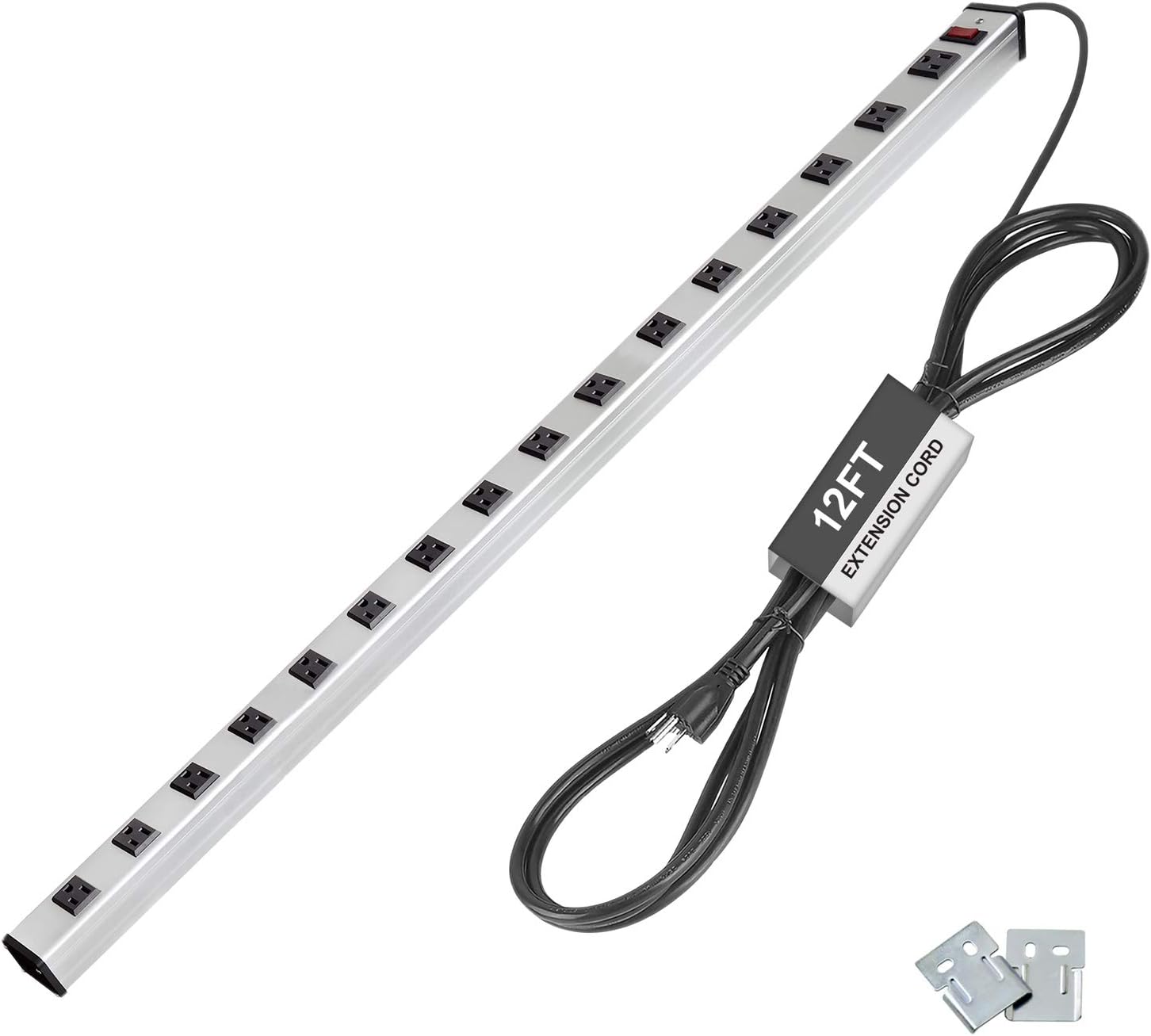BESTTEN UL Listed 16-Outlet Heavy Duty Metal Power Strip, 12ft Long Extension Cord, Aluminum Alloy, 15A ON/Off Circuit Breaker, Silver Pack of 2
