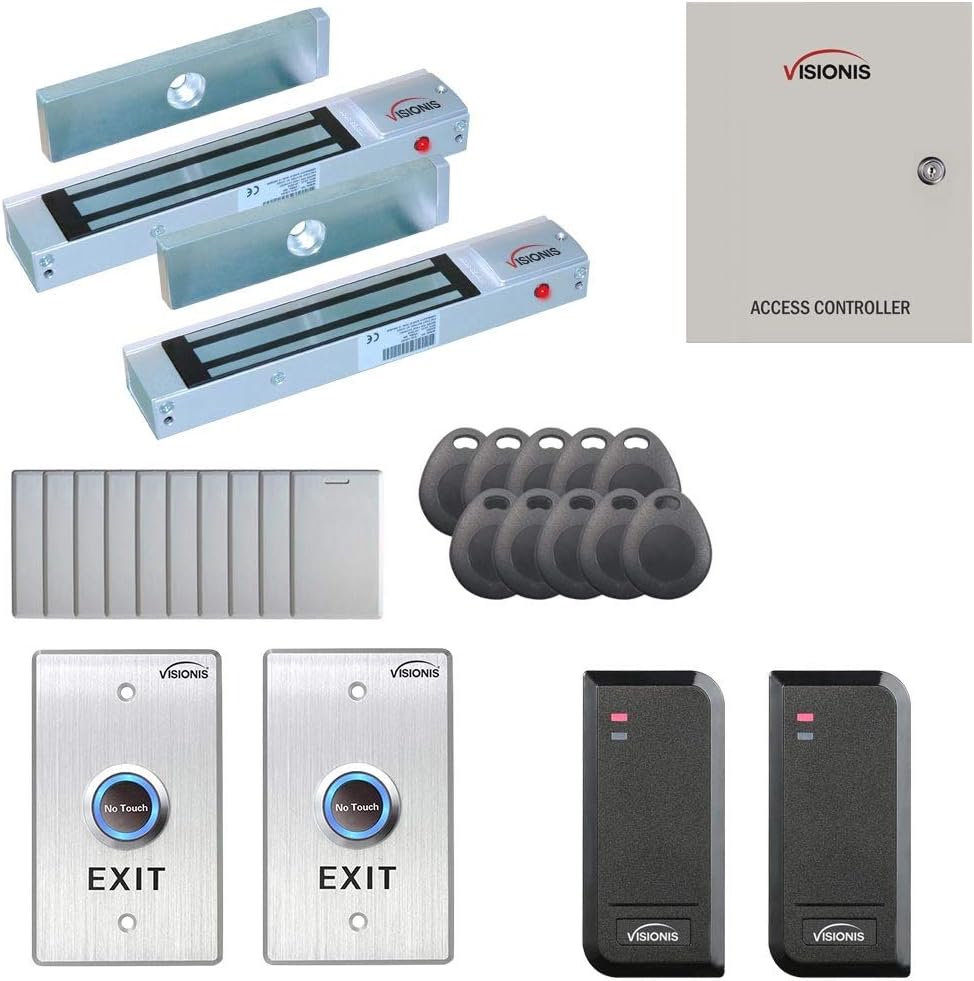 Visionis FPC-6134 Two Door Access Control for Inswing Door 600lbs MagLock Time Attendance TCP/IP Wiegand Controller, Black Card Reader, 10,000 Users Software Included