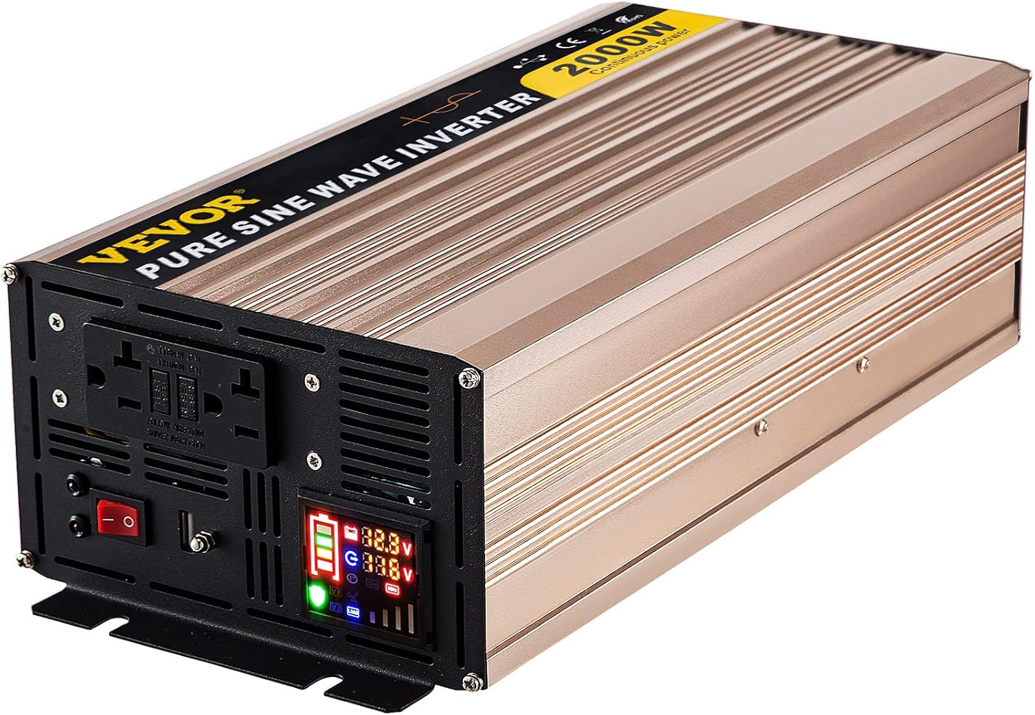 VEVOR Pure Sine Wave Inverter, 2000 Watt Power Inverter, DC 12V to AC 110V Car Inverter, with LCD Display 5V USB Port AC Outlets (GFCI) Power Converter for Car, RV Truck, Solar System, Travel Camping