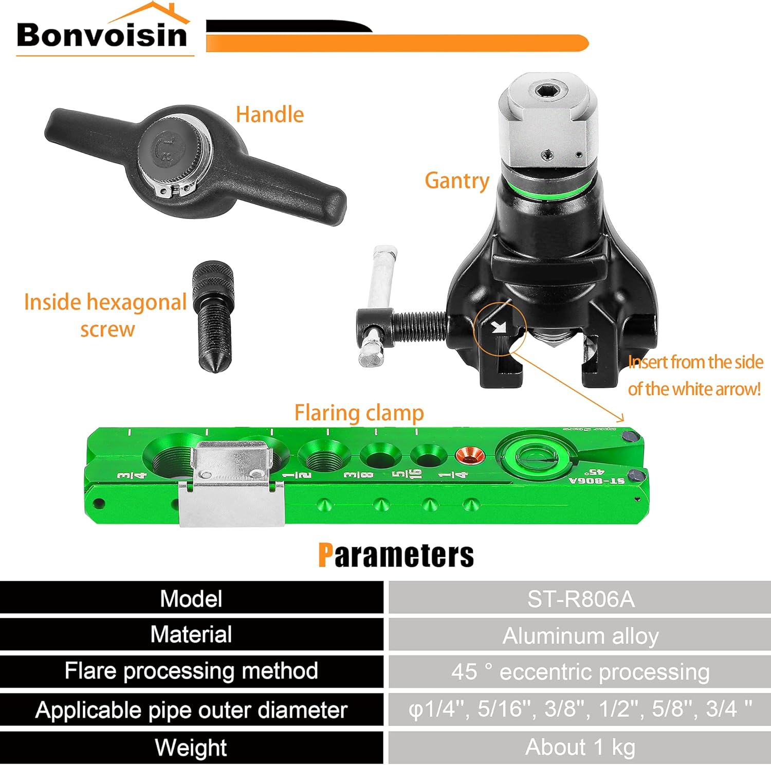 Bonvoisin Ratchet Flaring Tool 1/4&rdquo;-3/4&rdquo; Single Copper Flare Tool 45&deg; Eccentric Type HVAC Air Condition Refrigeration Tool with Clutch for Copper Aluminum Pipes (Manual or Electric Drill Mode)