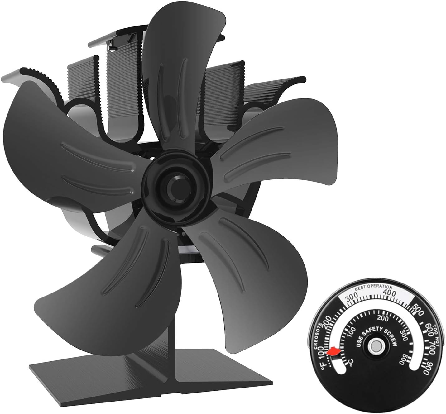 KINDEN Wood Burner Fan 5-Blade Heat Powered Stove Fan for Wood Log Ultra Quiet with Stove Thermometer (Aluminium Gold,Large Size) Patent Pending Pack of 2