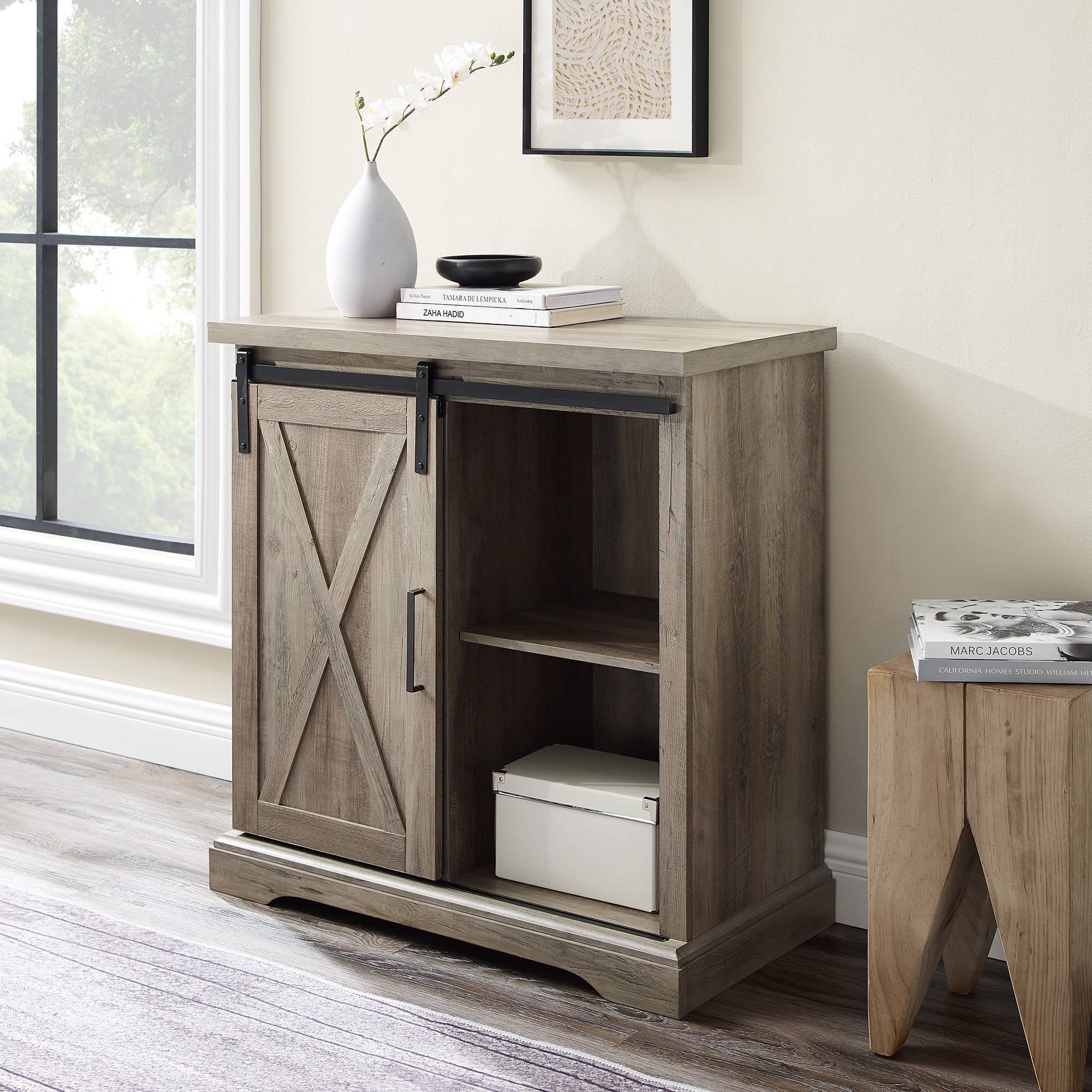 Tertia Rustic Farmhouse Accent Cabinet with Sliding x Barn Door Gray Wash - Saracina Home 54409228